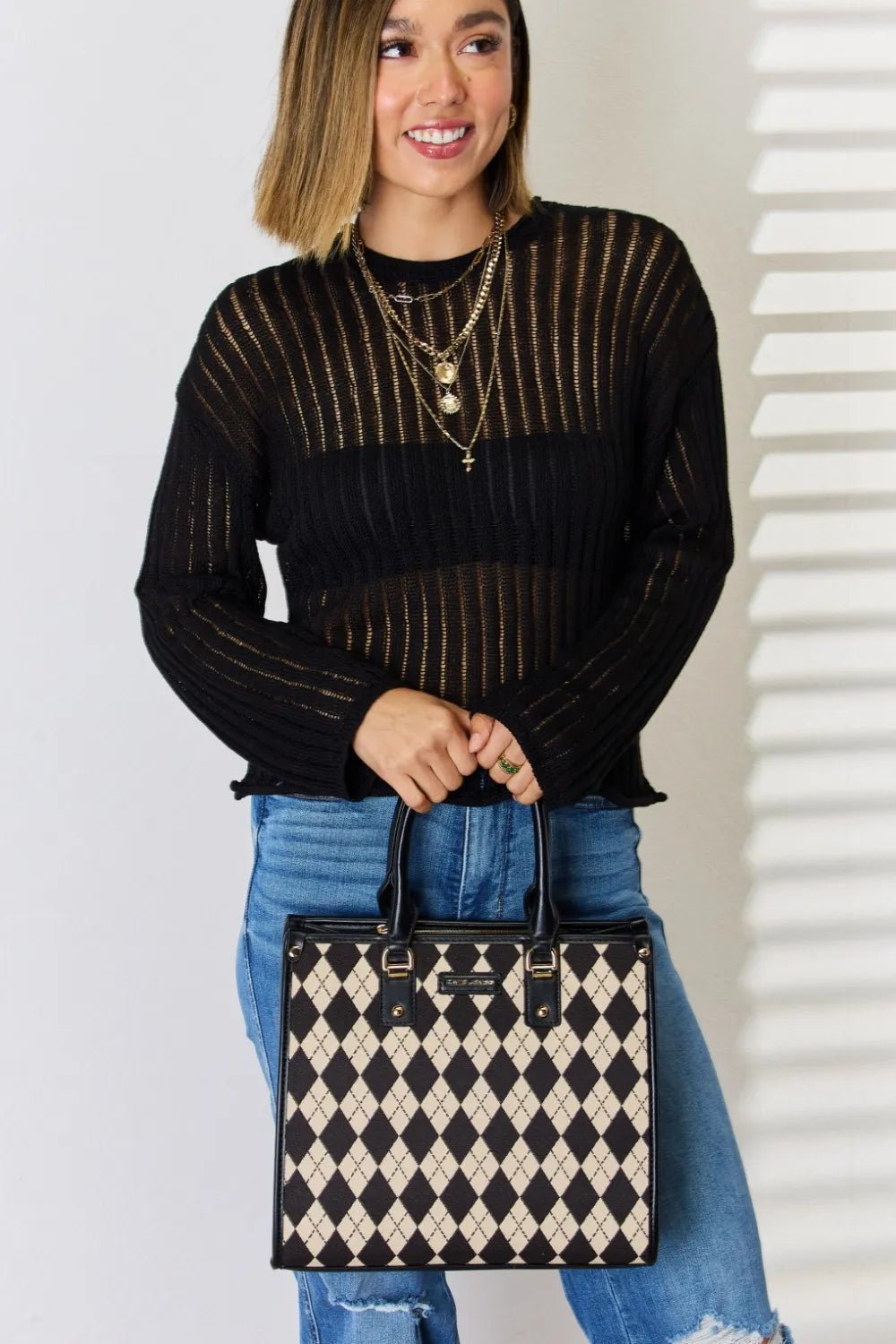 David Jones Argyle Pattern PU Leather Handbag - Eco4life Clothing and Accessories