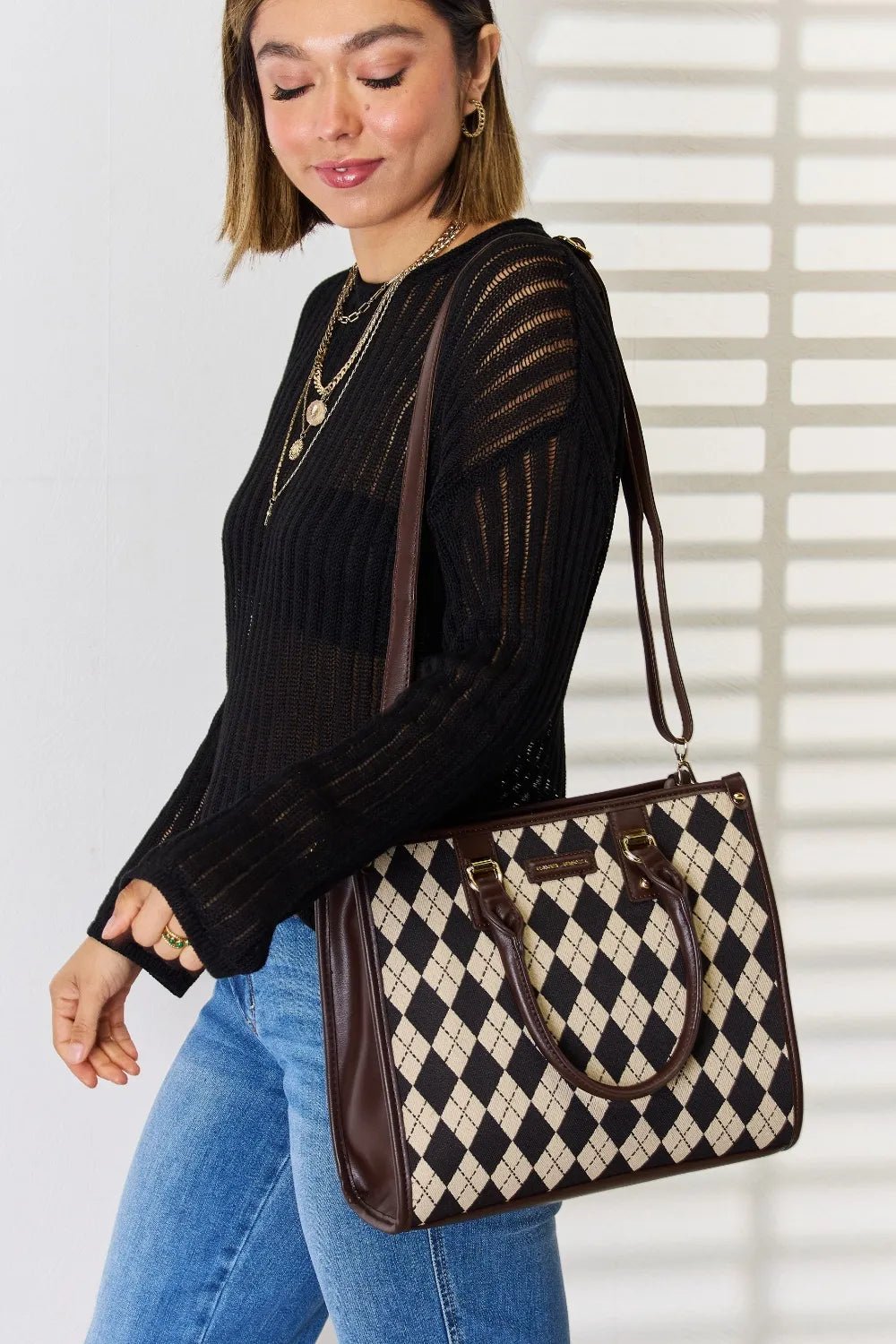 David Jones Argyle Pattern PU Leather Handbag - Eco4life Clothing and Accessories