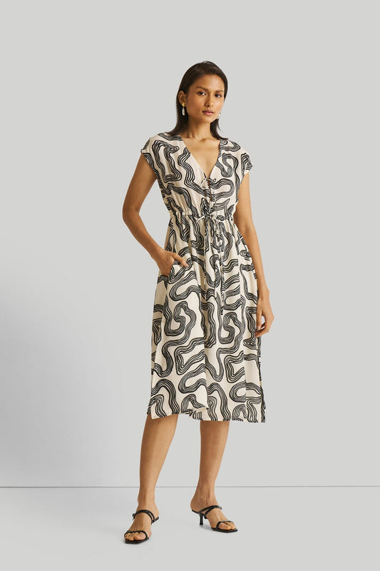 Deep V - neck Gathered Dress in Black Stripes - Eco4life Clothing and Accessories