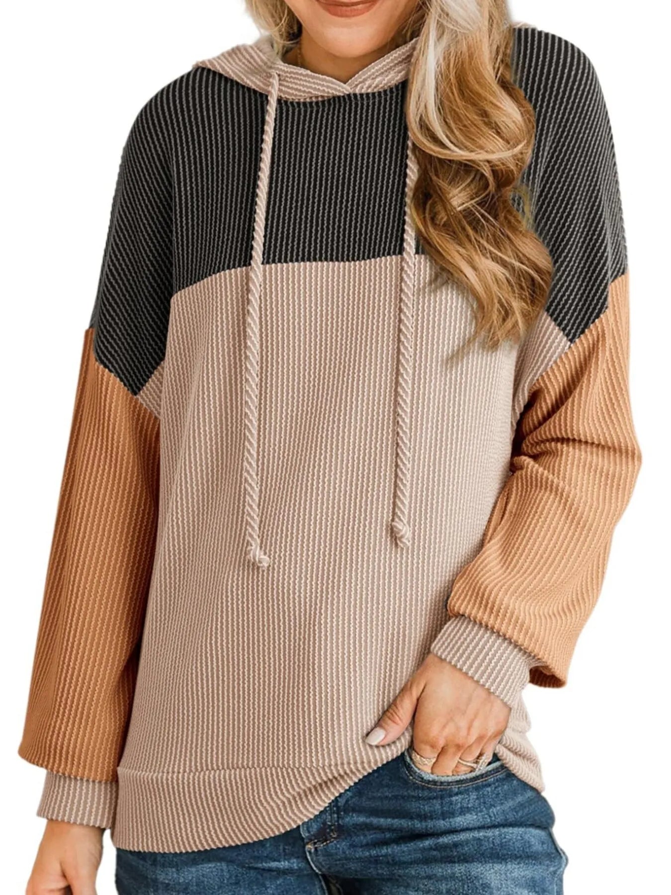 Drawstring Color Block Long Sleeve Hoodie - Eco4life Clothing and Accessories
