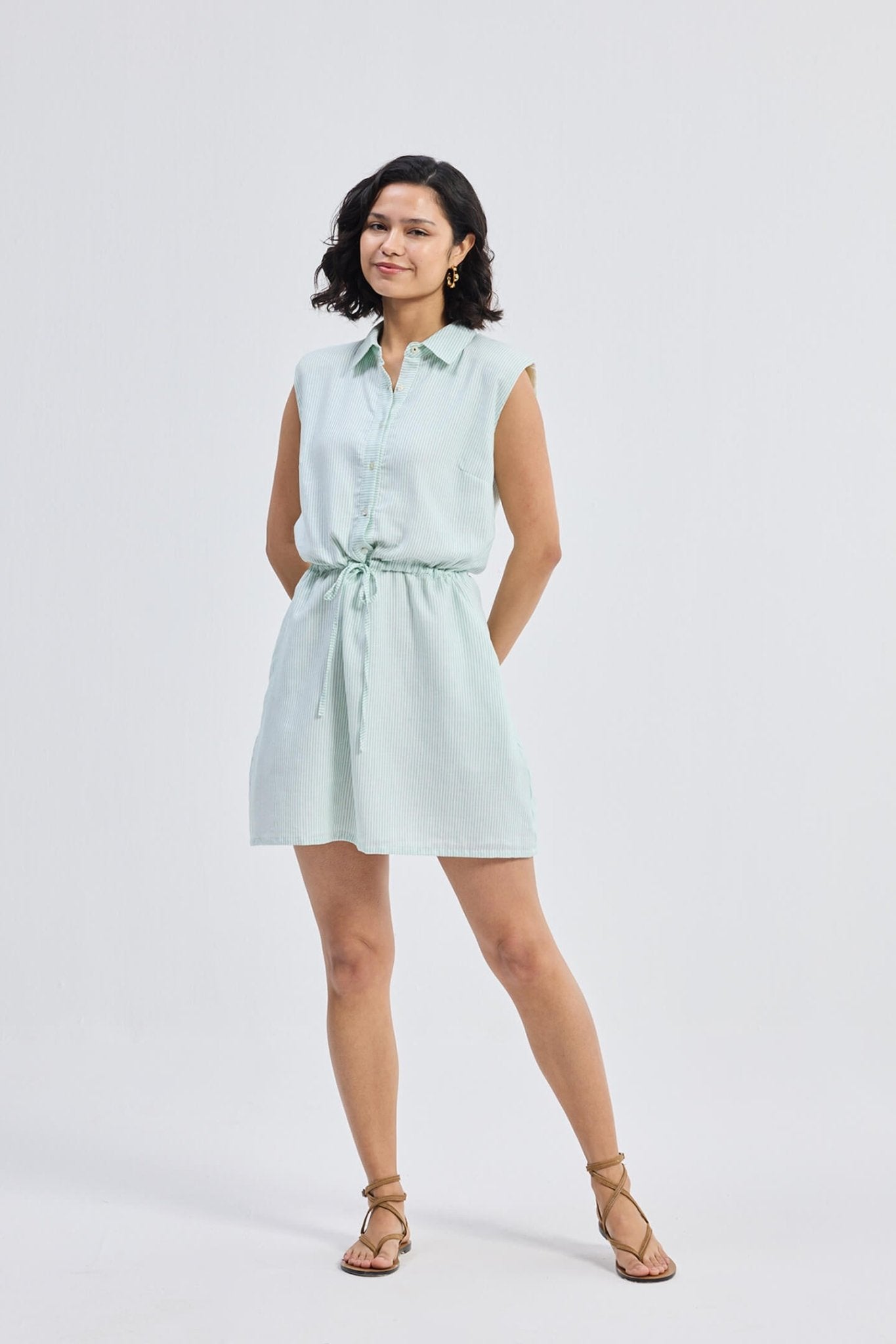 Drawstring Shirt Dress in Stripes - Eco4life Clothing and Accessories
