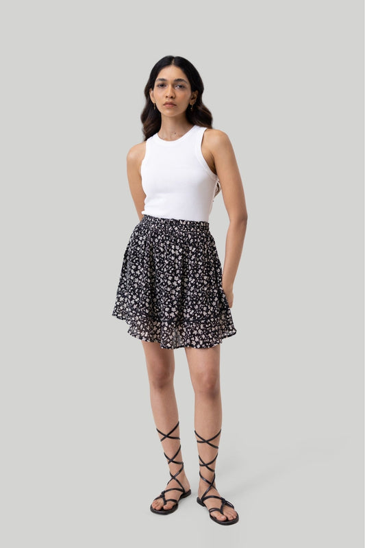 Drawstring Short Skirt in Black Floral - Eco4life Clothing and Accessories