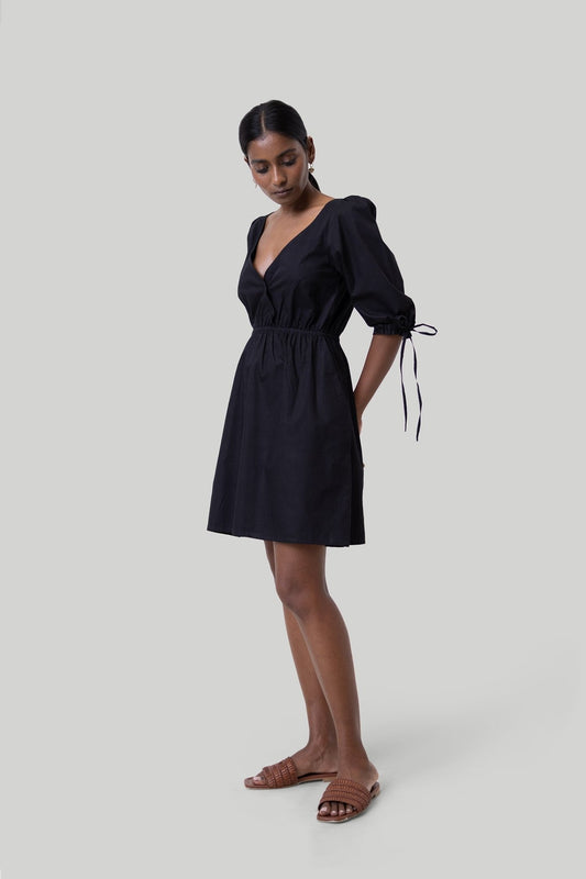 Gathered Elbow Sleeve Short Dress in Black - Eco4life Clothing and Accessories