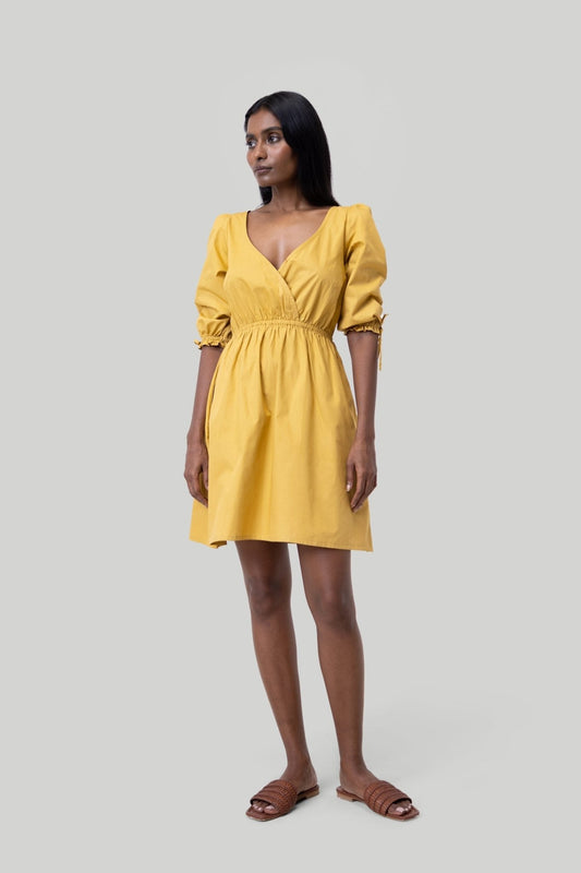Gathered Elbow Sleeve Short Dress in Mustard - Eco4life Clothing and Accessories
