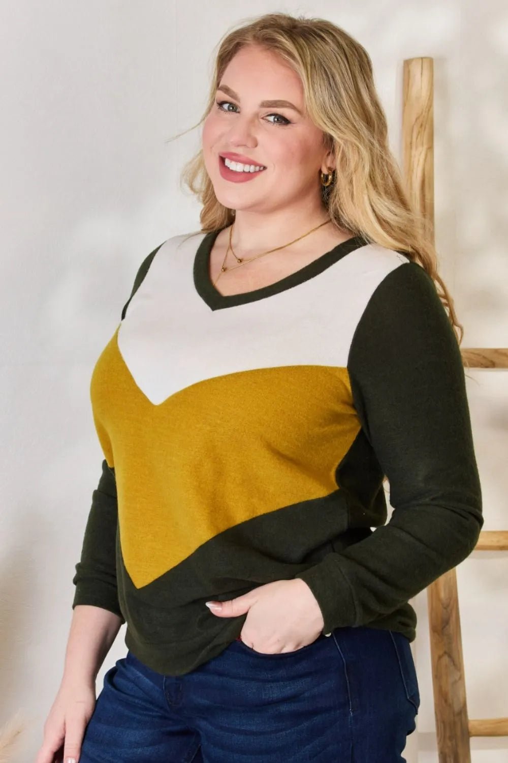 Hailey & Co Full Size Colorblock V - Neck Blouse - Eco4life Clothing and Accessories