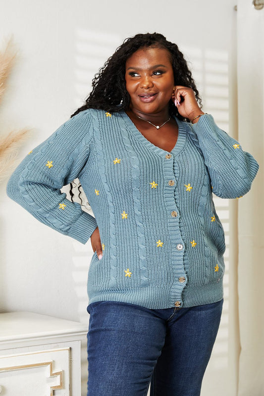 HEYSON Full Size Floral Embroidered Cable Cardigan - Eco4life Clothing and Accessories