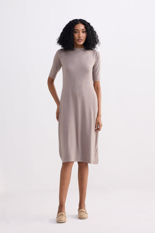 High Crew Neck Elbow Sleeves Fitted Dress in Dusty Brown - Eco4life Clothing and Accessories