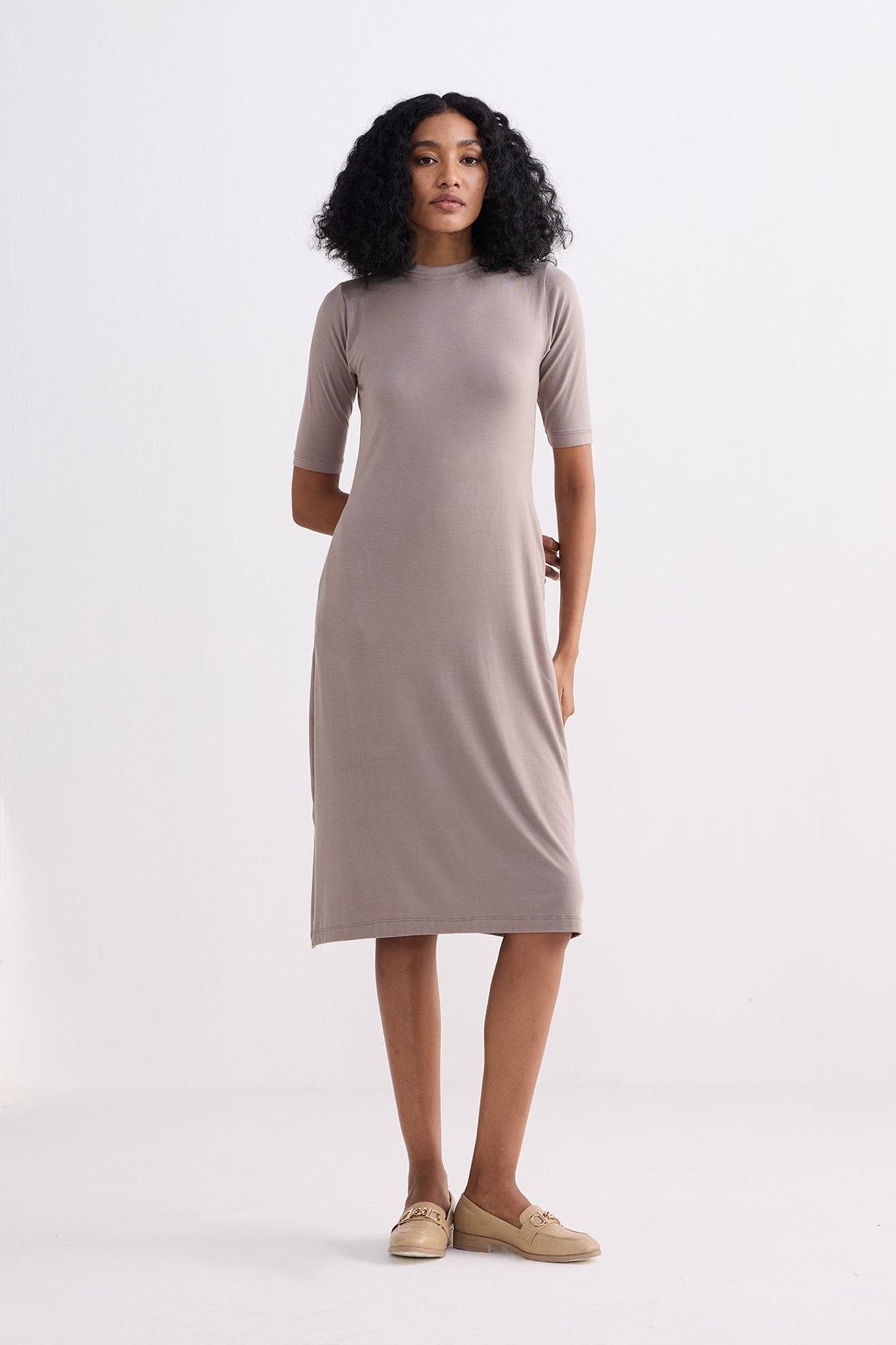 High Crew Neck Elbow Sleeves Fitted Dress in Dusty Brown - Eco4life Clothing and Accessories