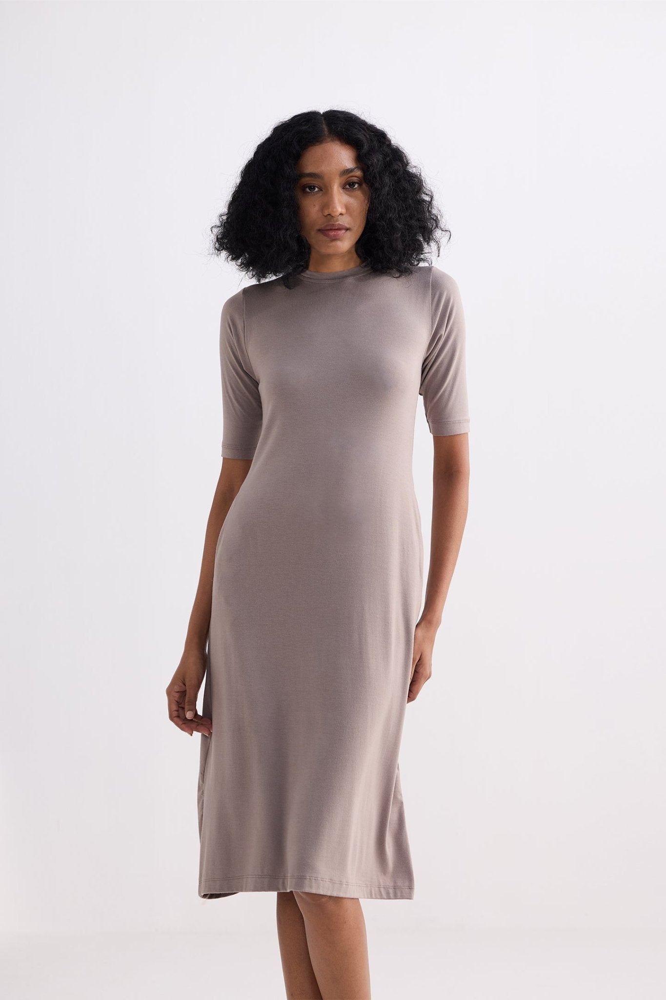 High Crew Neck Elbow Sleeves Fitted Dress in Dusty Brown - Eco4life Clothing and Accessories