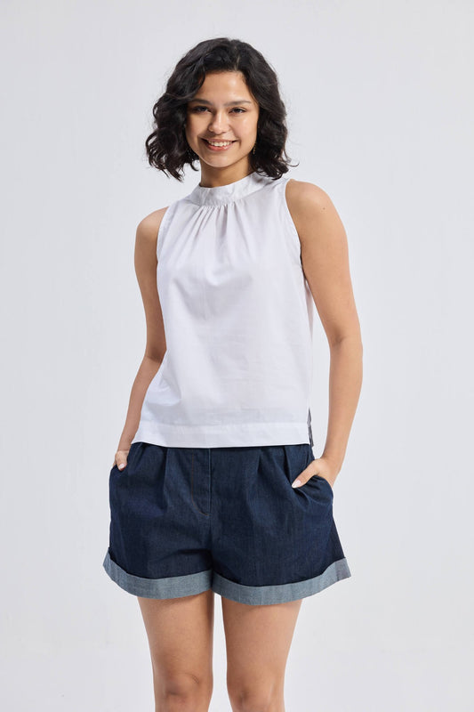 High - Neck Top with Gathers in White - Eco4life Clothing and Accessories