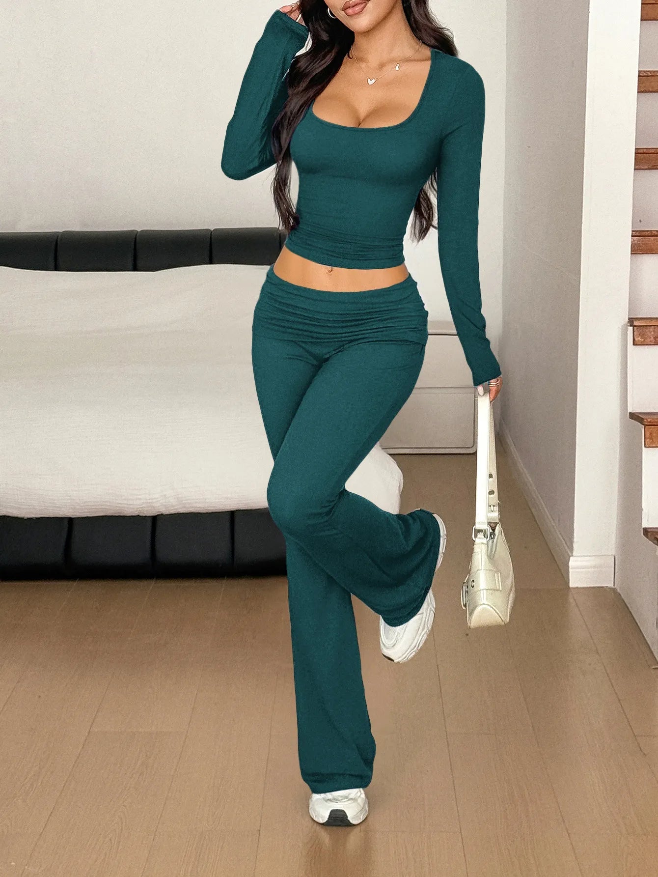 Long Sleeve Crop Top and Bootcut Pants Set - Eco4life Clothing and Accessories