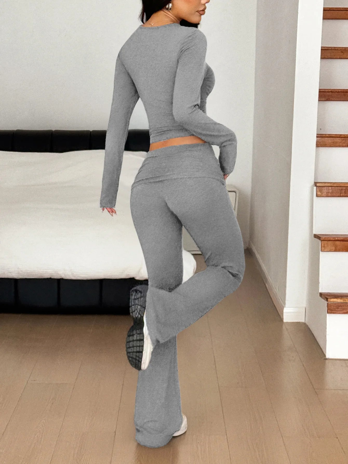 Long Sleeve Crop Top and Bootcut Pants Set - Eco4life Clothing and Accessories