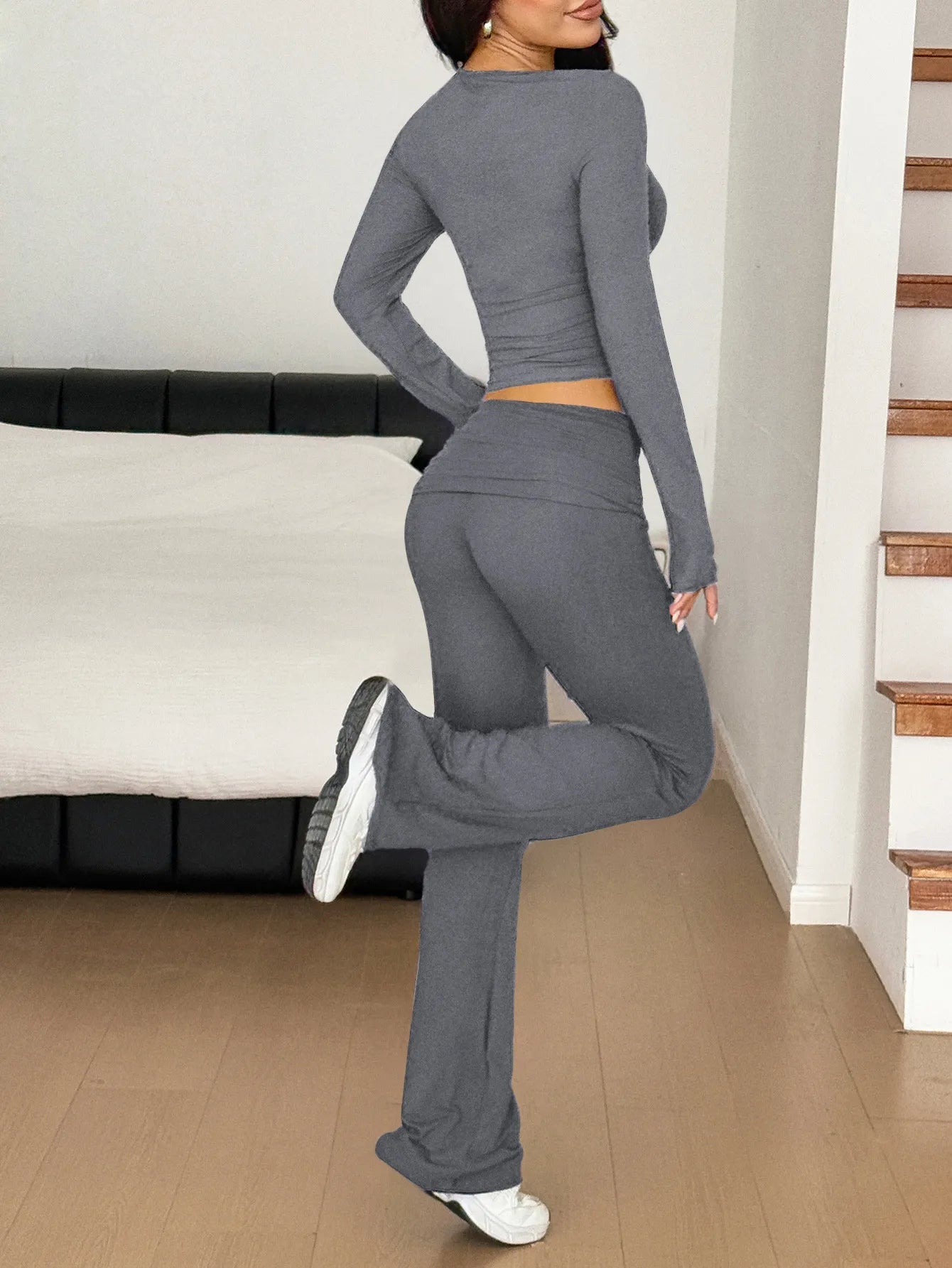 Long Sleeve Crop Top and Bootcut Pants Set - Eco4life Clothing and Accessories