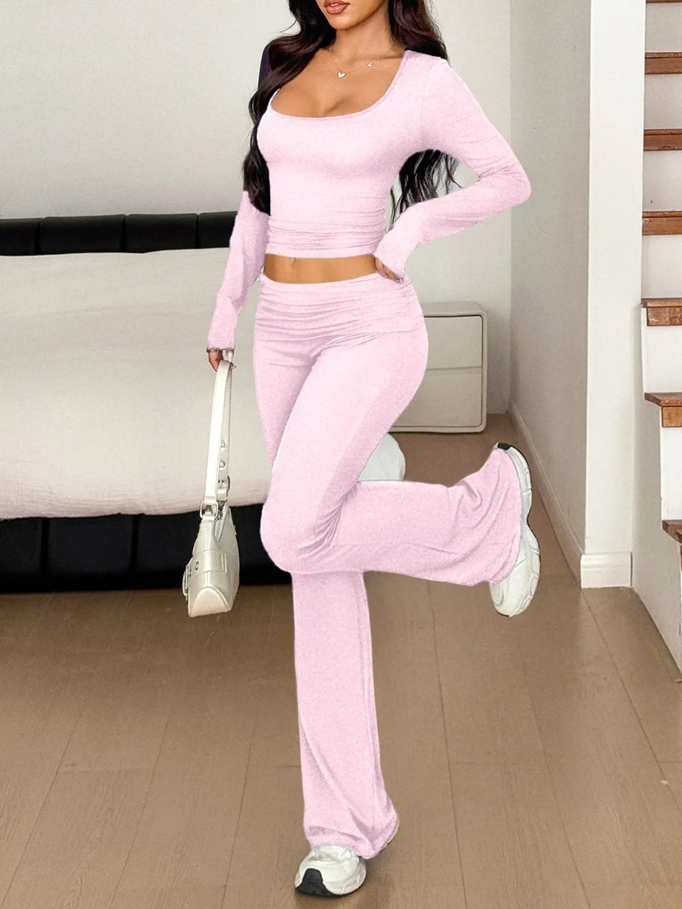 Long Sleeve Crop Top and Bootcut Pants Set - Eco4life Clothing and Accessories