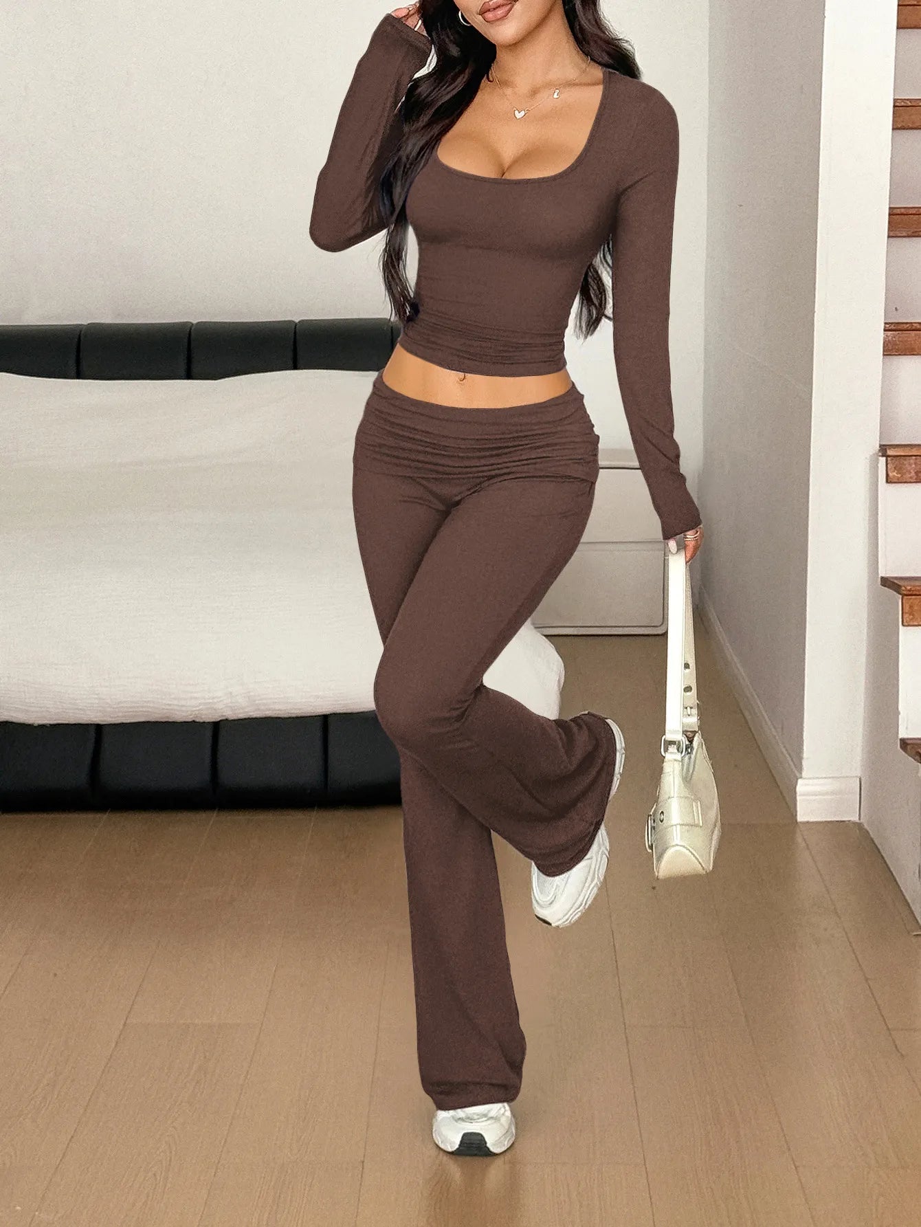 Long Sleeve Crop Top and Bootcut Pants Set - Eco4life Clothing and Accessories