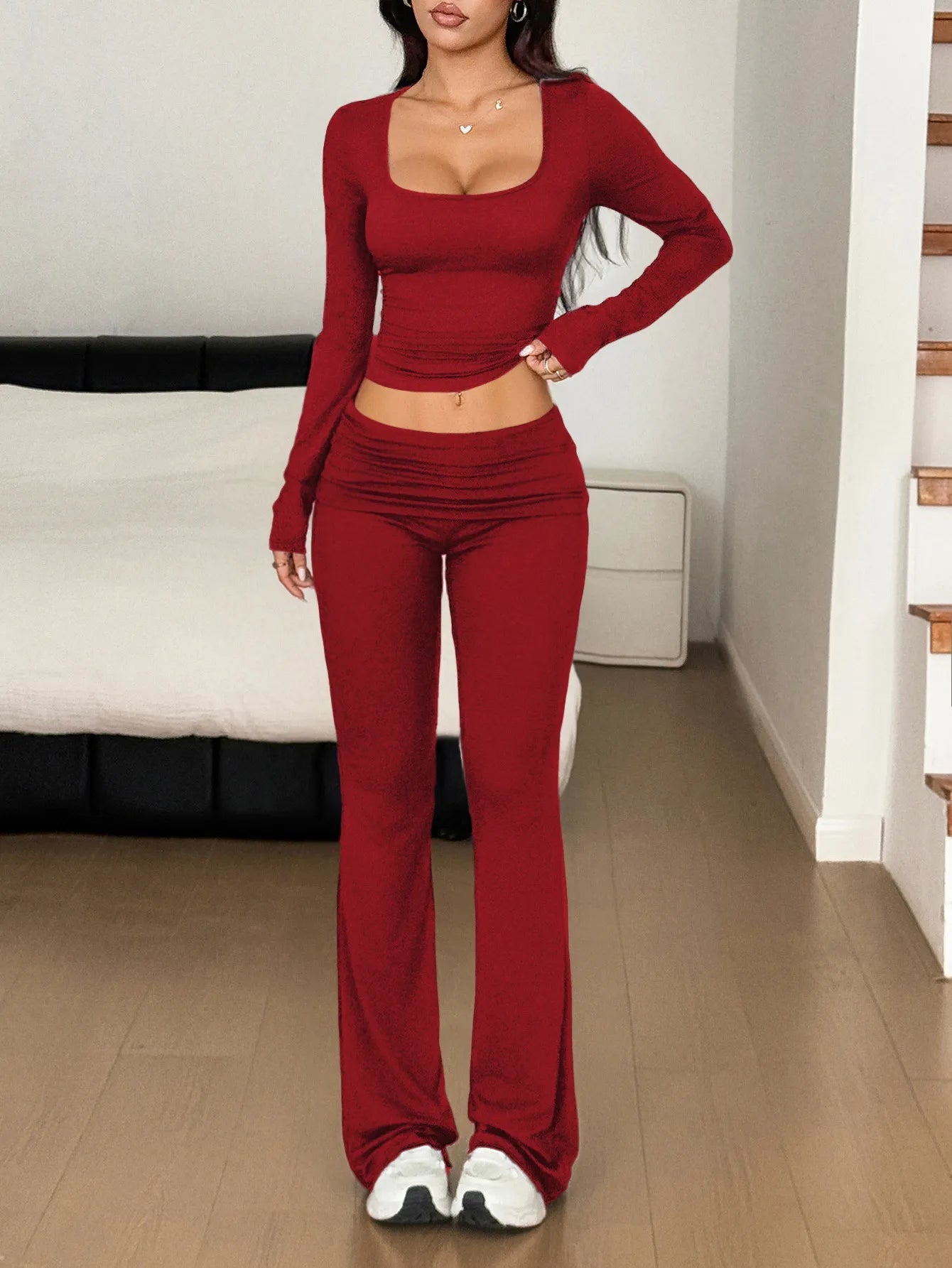Long Sleeve Crop Top and Bootcut Pants Set - Eco4life Clothing and Accessories