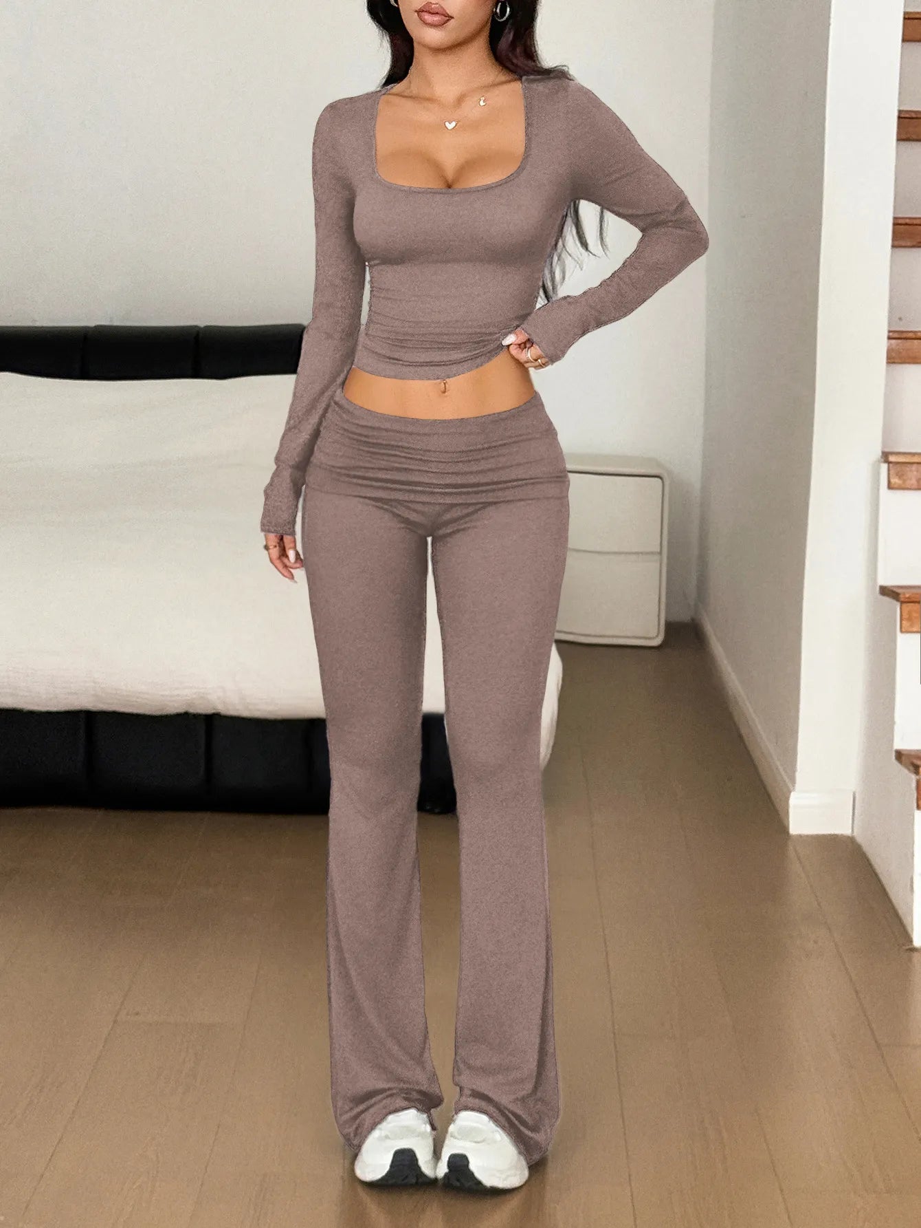 Long Sleeve Crop Top and Bootcut Pants Set - Eco4life Clothing and Accessories