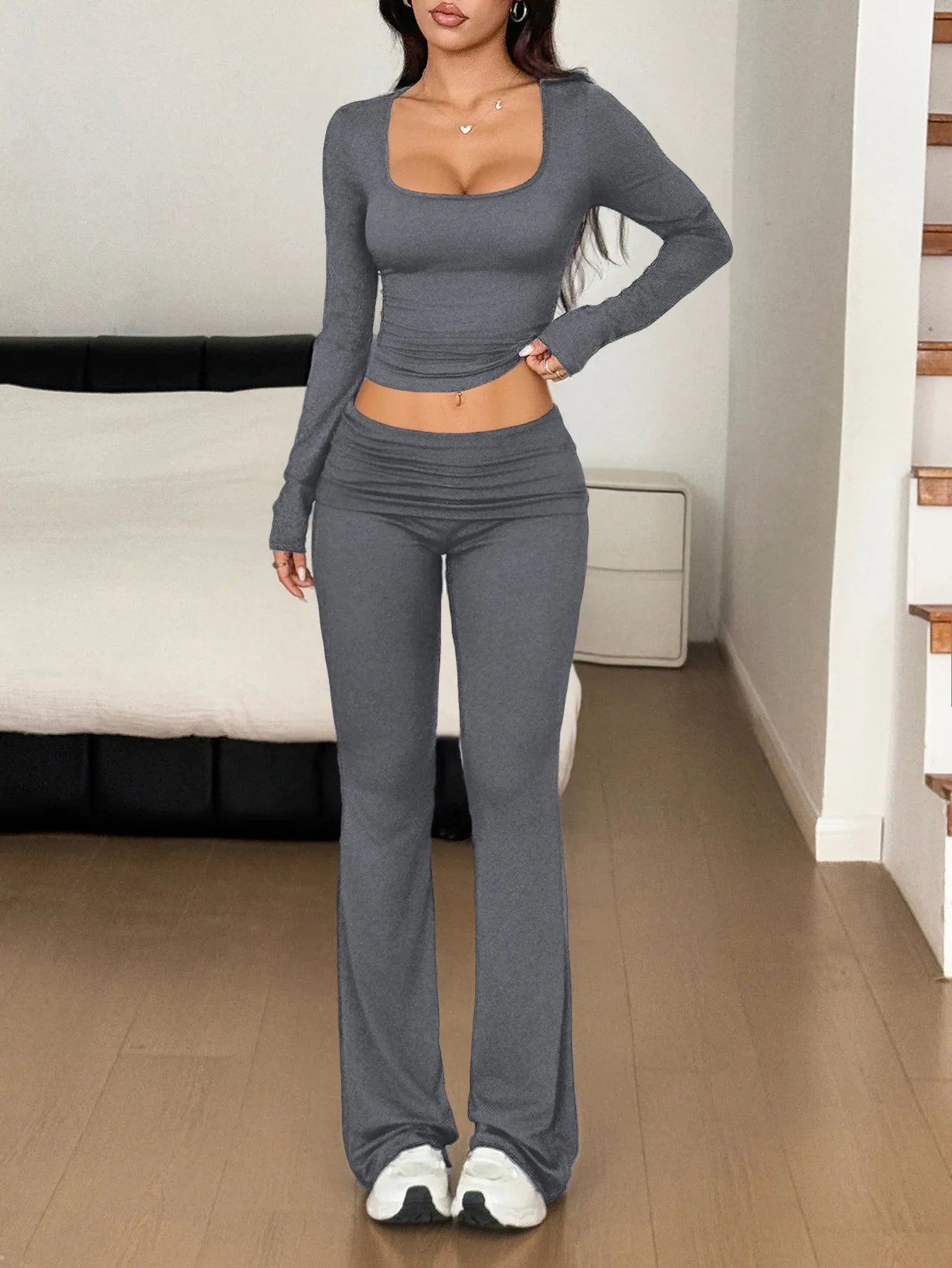 Long Sleeve Crop Top and Bootcut Pants Set - Eco4life Clothing and Accessories