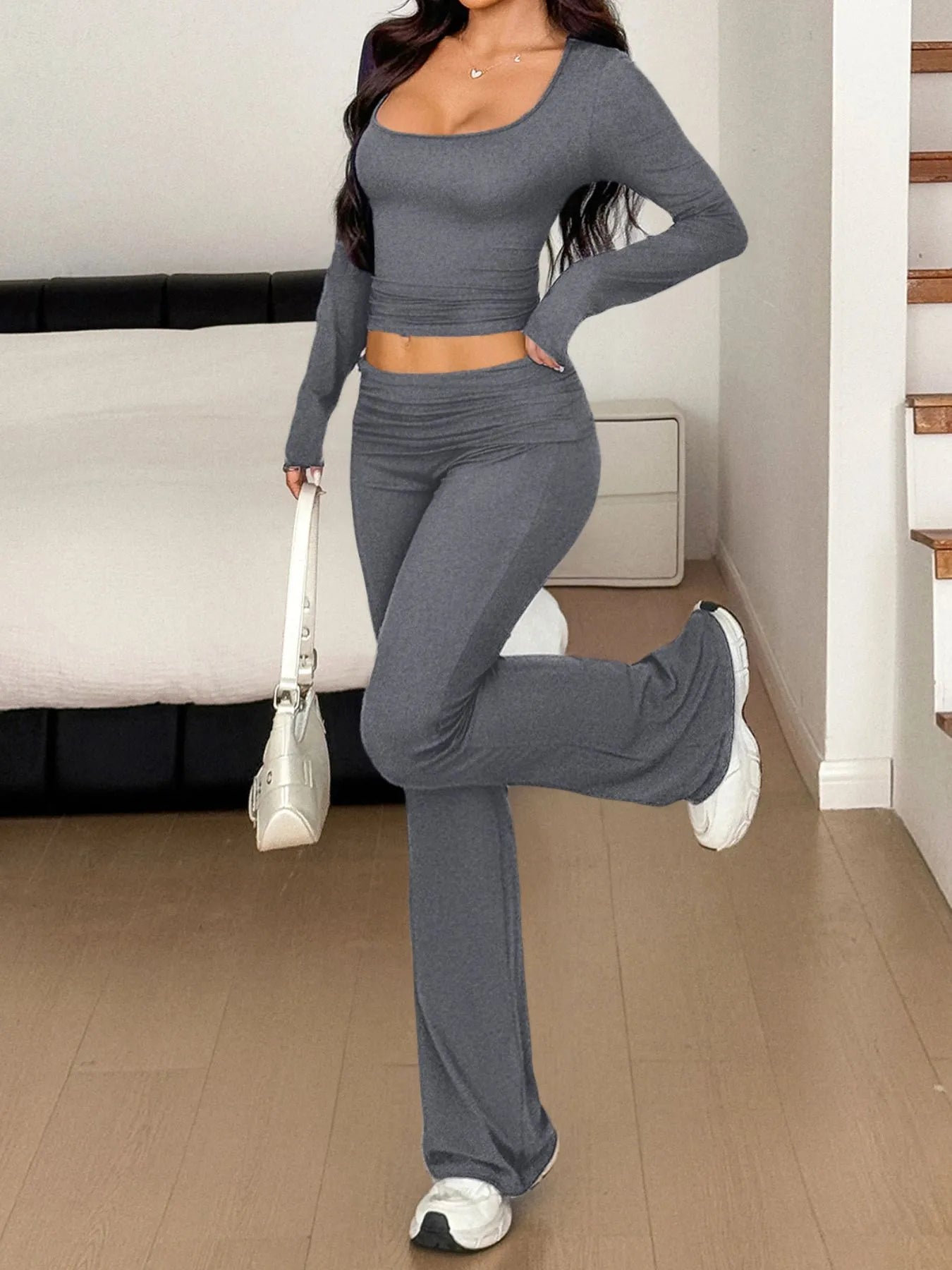 Long Sleeve Crop Top and Bootcut Pants Set - Eco4life Clothing and Accessories
