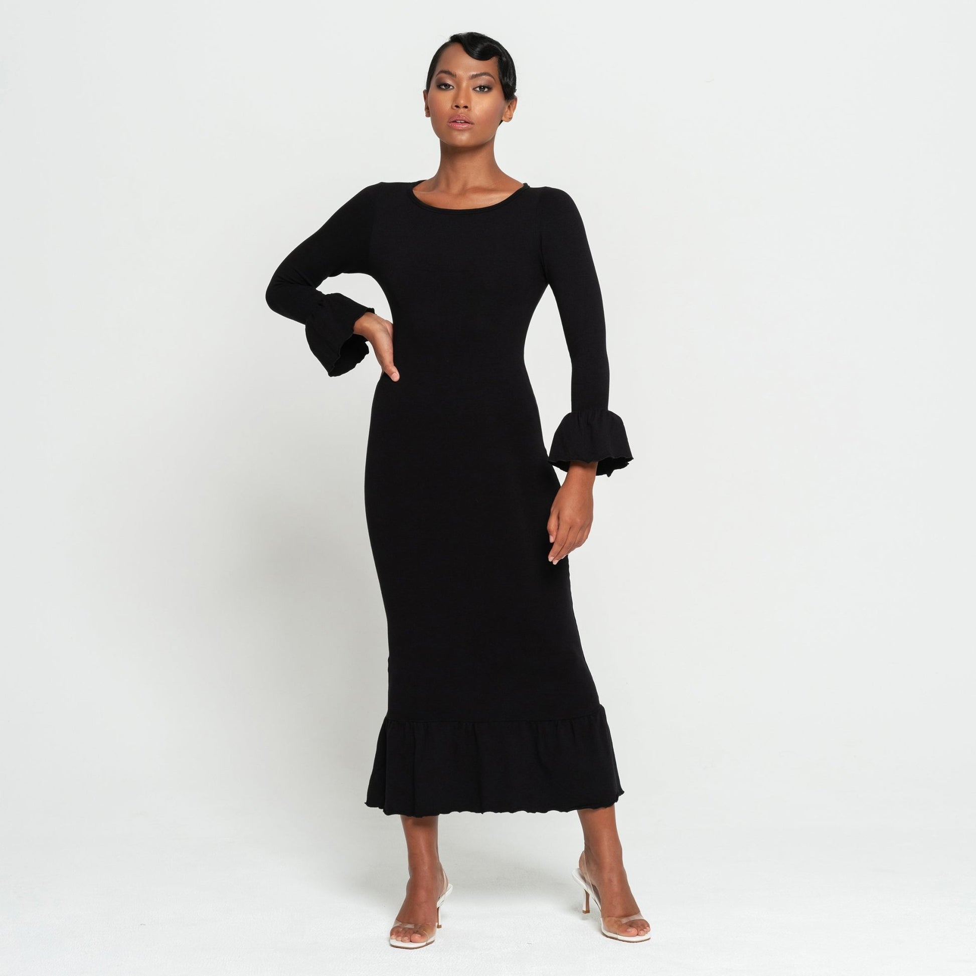 MARJORIE Bamboo Ruffle Dress, in Black - Eco4life Clothing and Accessories
