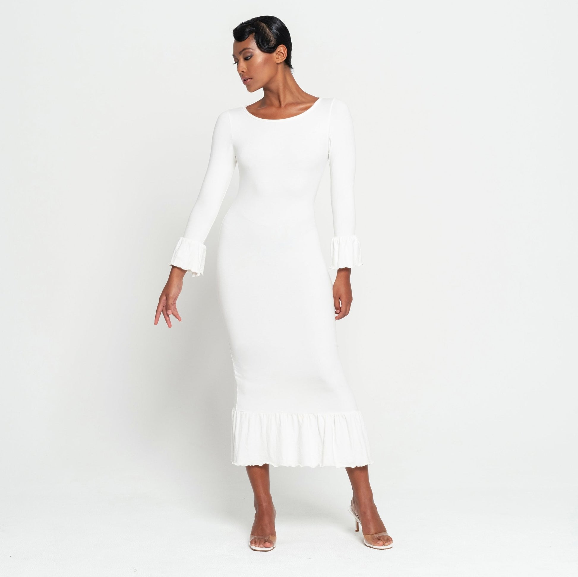 MARJORIE Bamboo Ruffle Dress, in Off - white - Eco4life Clothing and Accessories