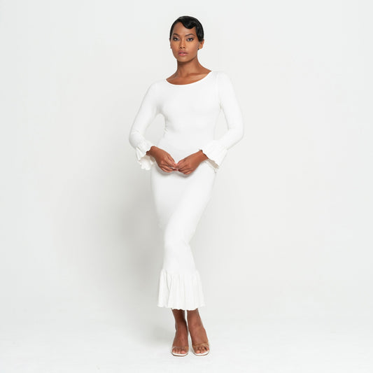 MARJORIE Bamboo Ruffle Dress, in Off - white - Eco4life Clothing and Accessories