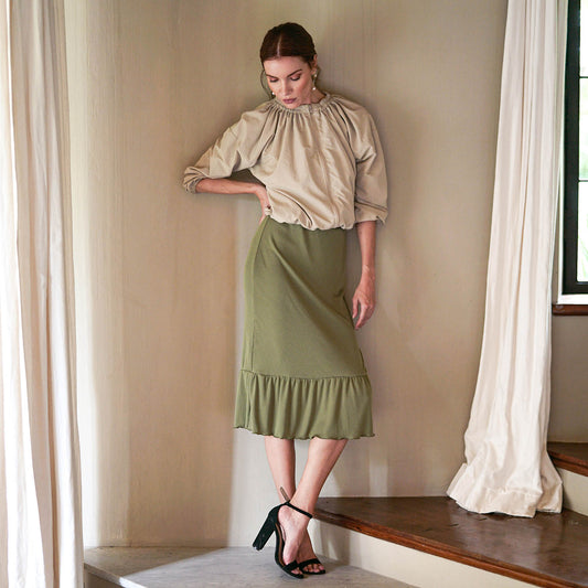 MARJORIE Ruffle Rib Skirt In Moss Green - Eco4life Clothing and Accessories