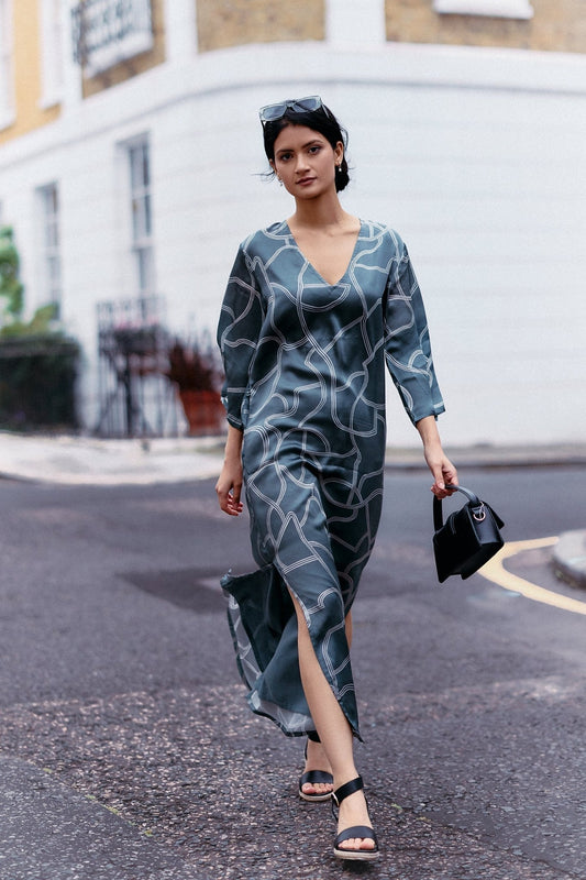 Maxi Dress with Side Slits in Abstract Stripes - Eco4life Clothing and Accessories