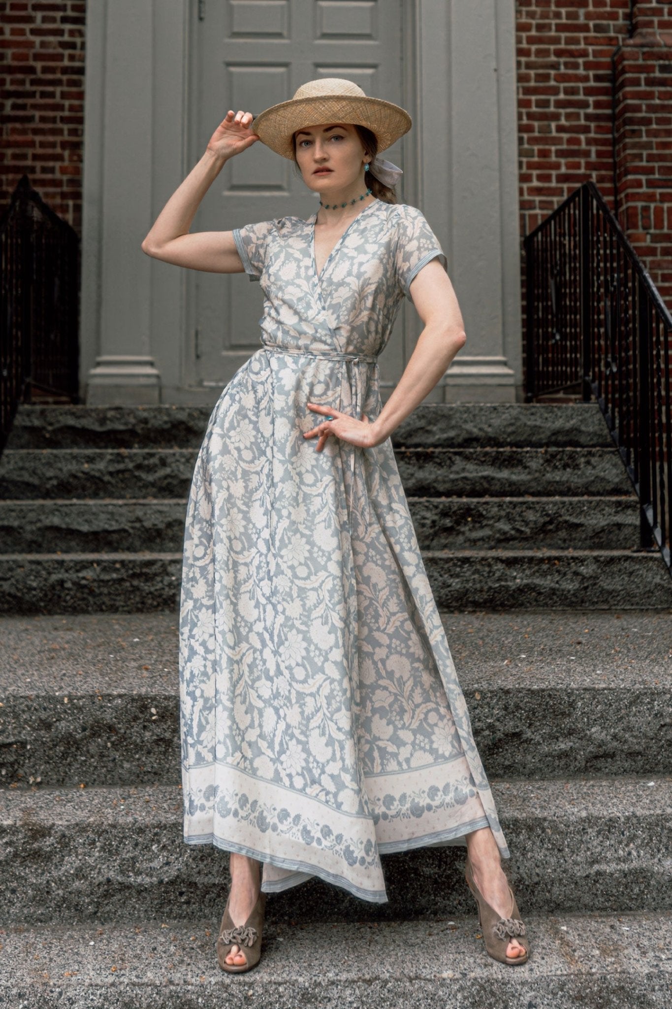 Maxi Wrap Dress in Blue Florals - Eco4life Clothing and Accessories