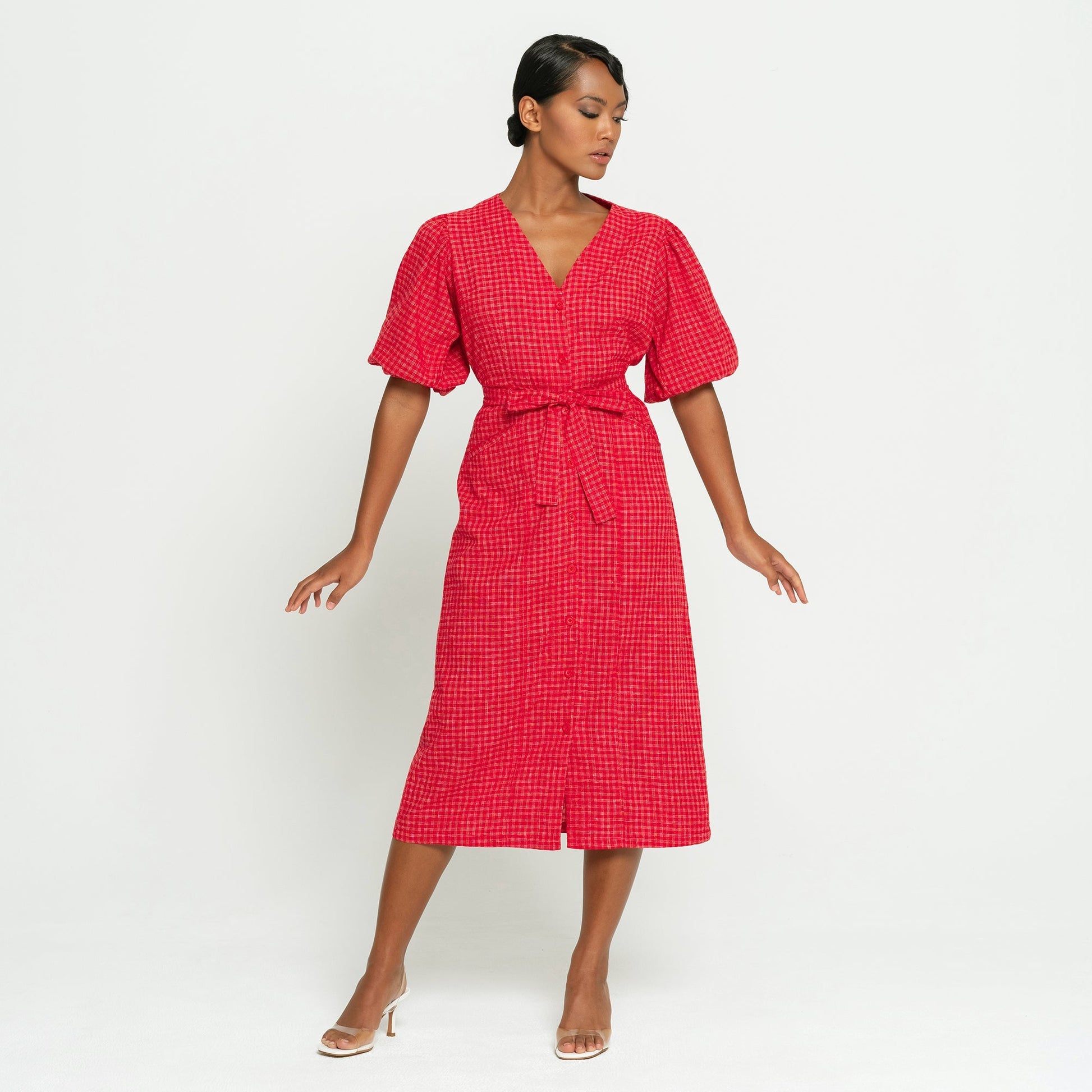 MEGHAN Gingham Hemp Midi Dress In Scarlet Red - Eco4life Clothing and Accessories