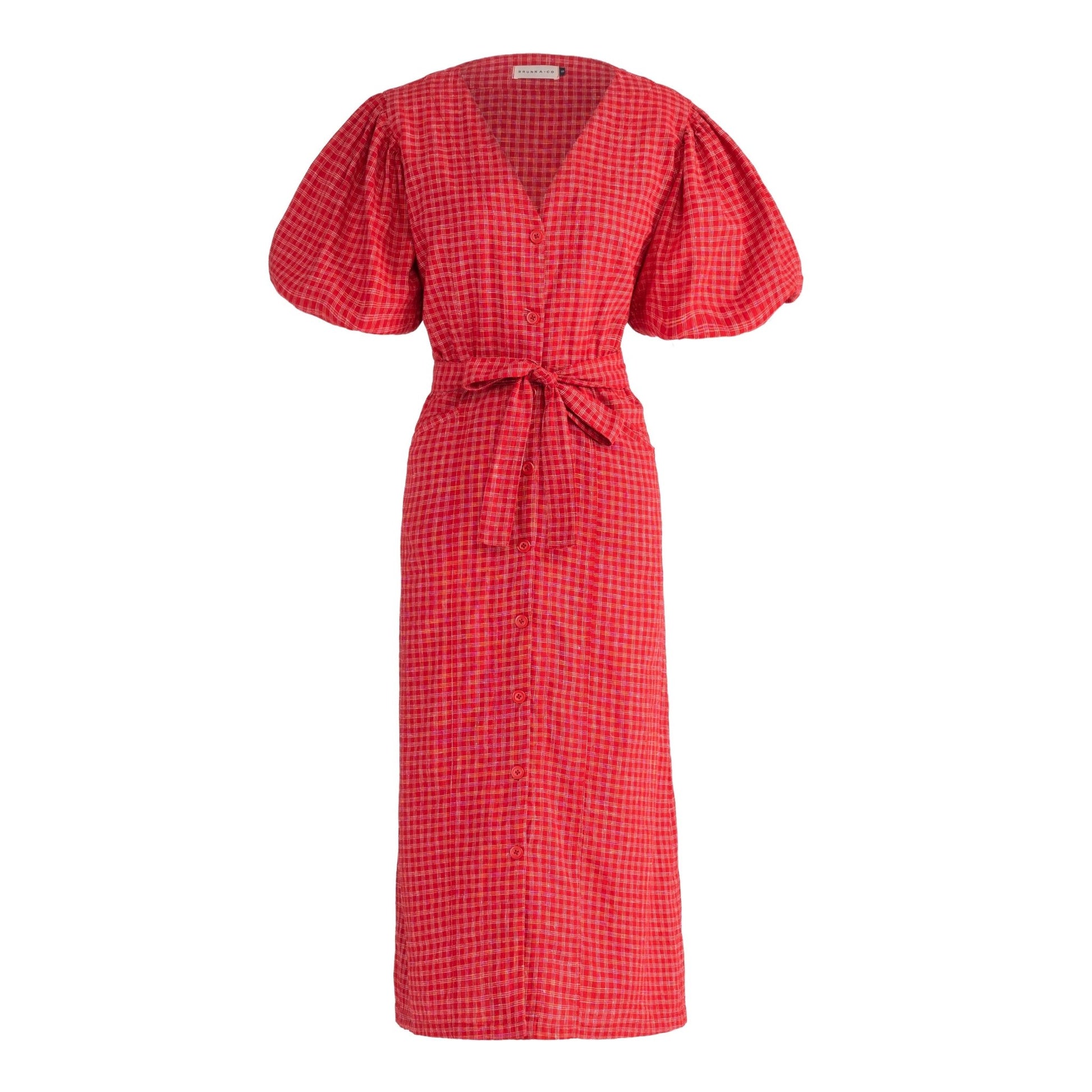 MEGHAN Gingham Hemp Midi Dress In Scarlet Red - Eco4life Clothing and Accessories
