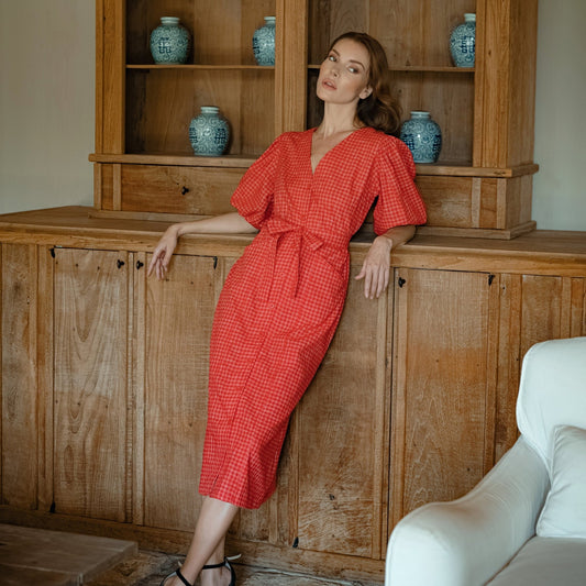 MEGHAN Gingham Hemp Midi Dress In Scarlet Red - Eco4life Clothing and Accessories