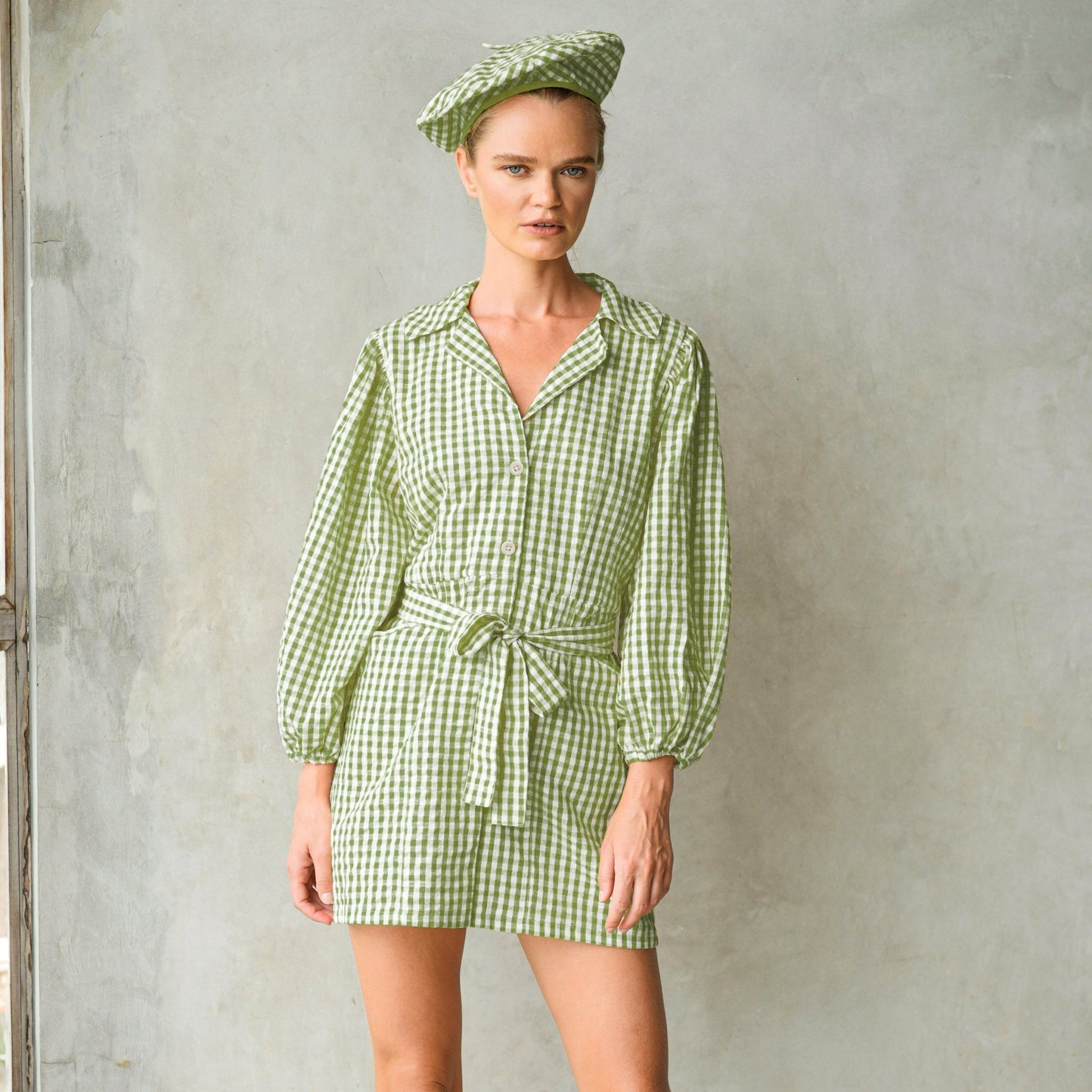 MEGHAN Mini Gingham Dress, in Olive Green - Eco4life Clothing and Accessories