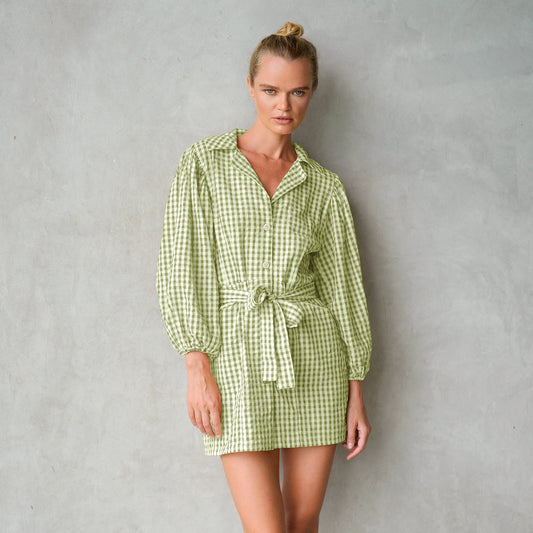 MEGHAN Mini Gingham Dress, in Olive Green - Eco4life Clothing and Accessories