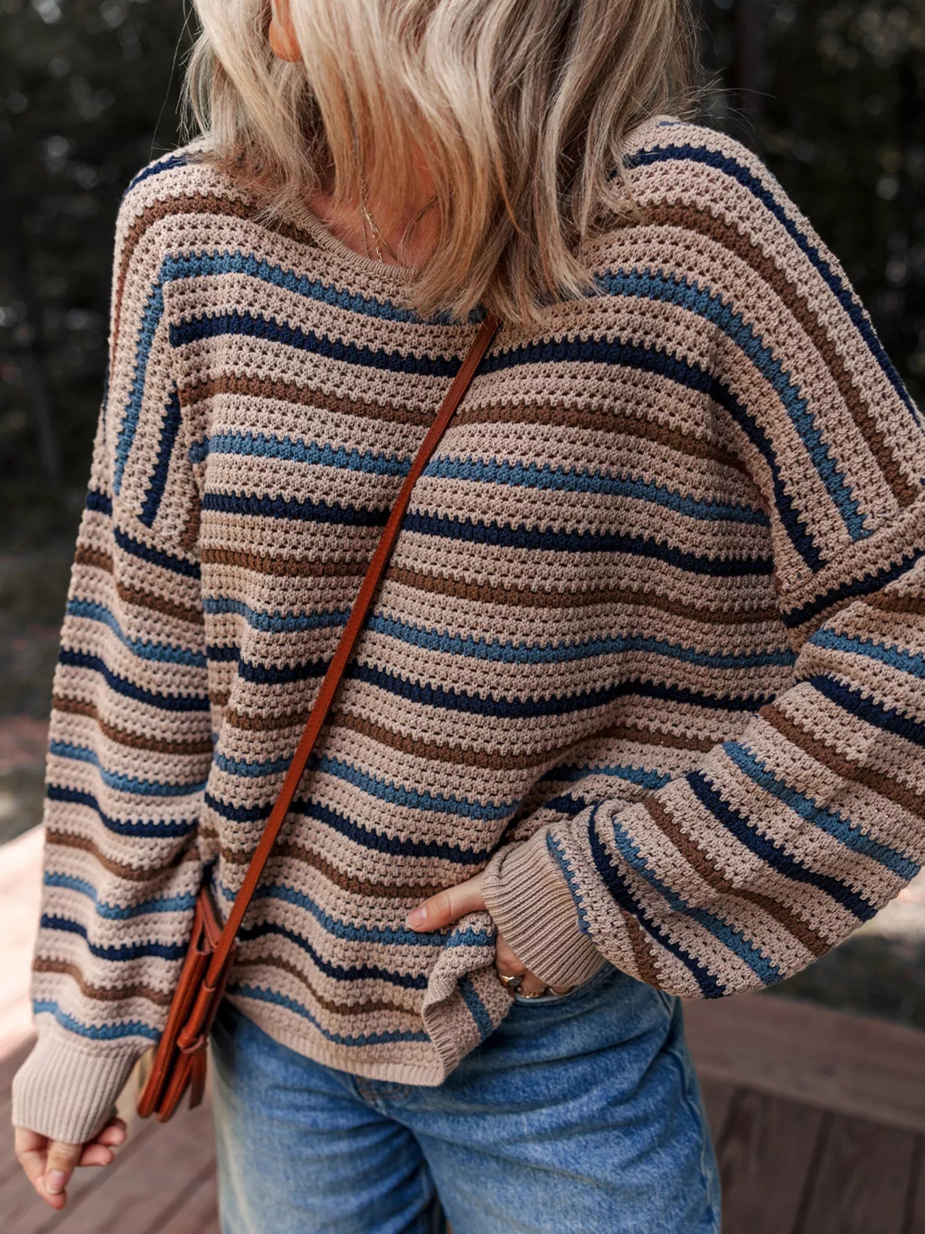 Multicolour Striped Knitted Drop Shoulder Round Neck Sweater - Eco4life Clothing and Accessories