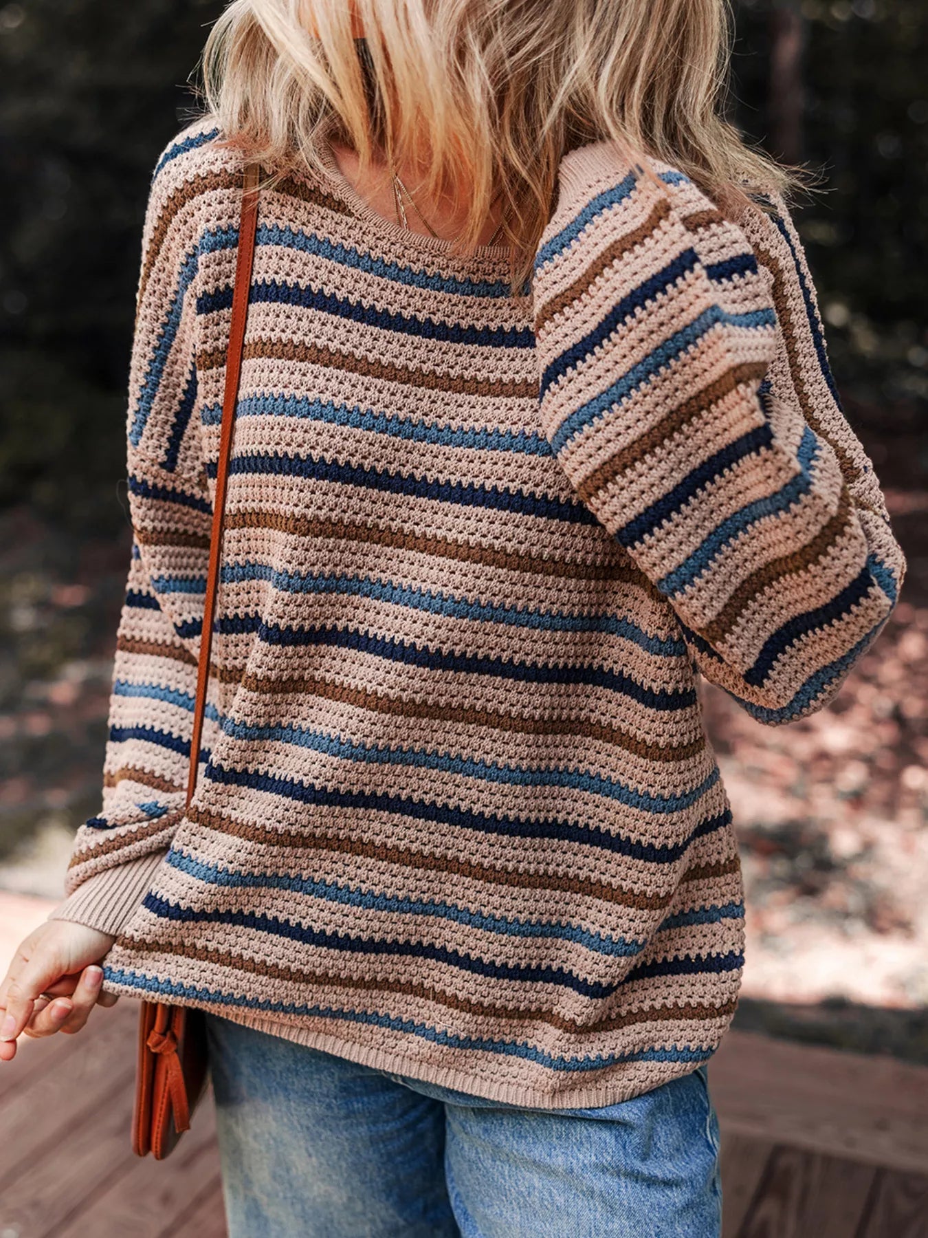 Multicolour Striped Knitted Drop Shoulder Round Neck Sweater - Eco4life Clothing and Accessories