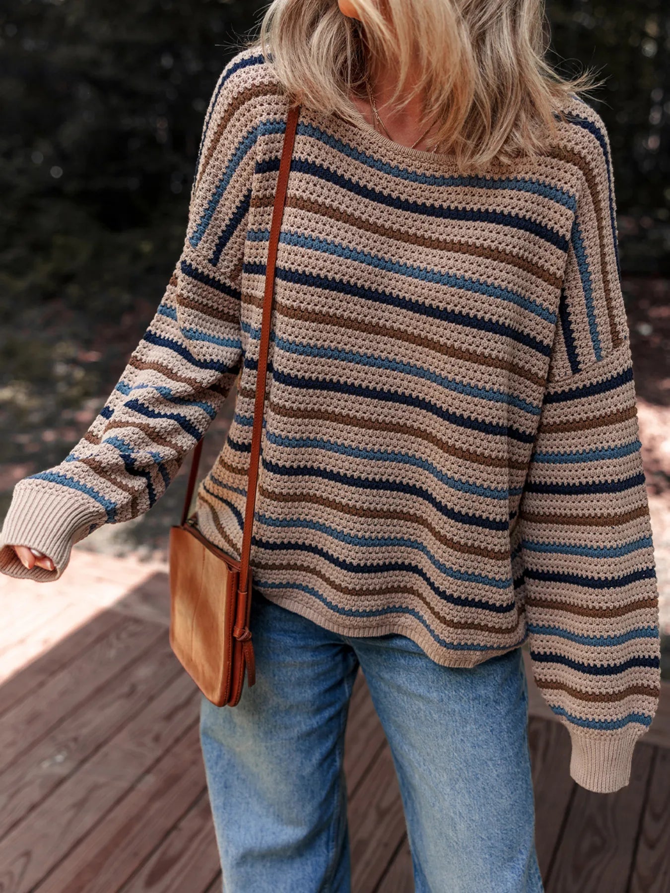 Multicolour Striped Knitted Drop Shoulder Round Neck Sweater - Eco4life Clothing and Accessories