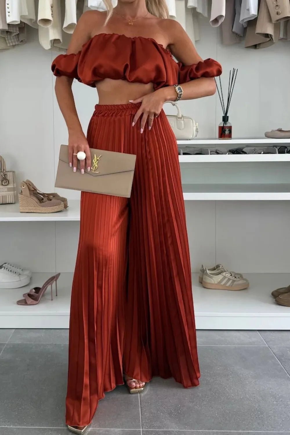 Off - Shoulder Top and Pleated Pants Set - Eco4life Clothing and Accessories