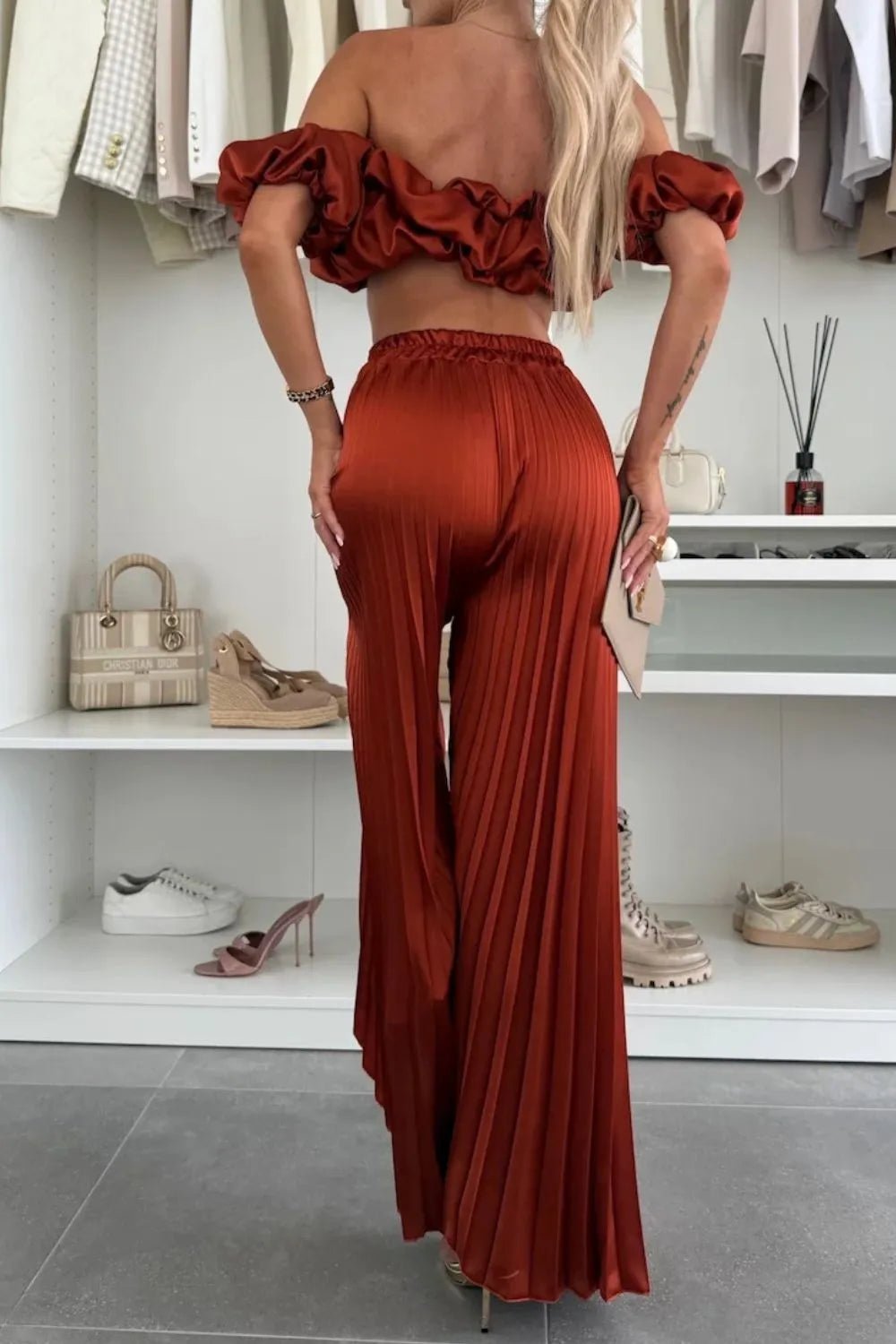 Off - Shoulder Top and Pleated Pants Set - Eco4life Clothing and Accessories