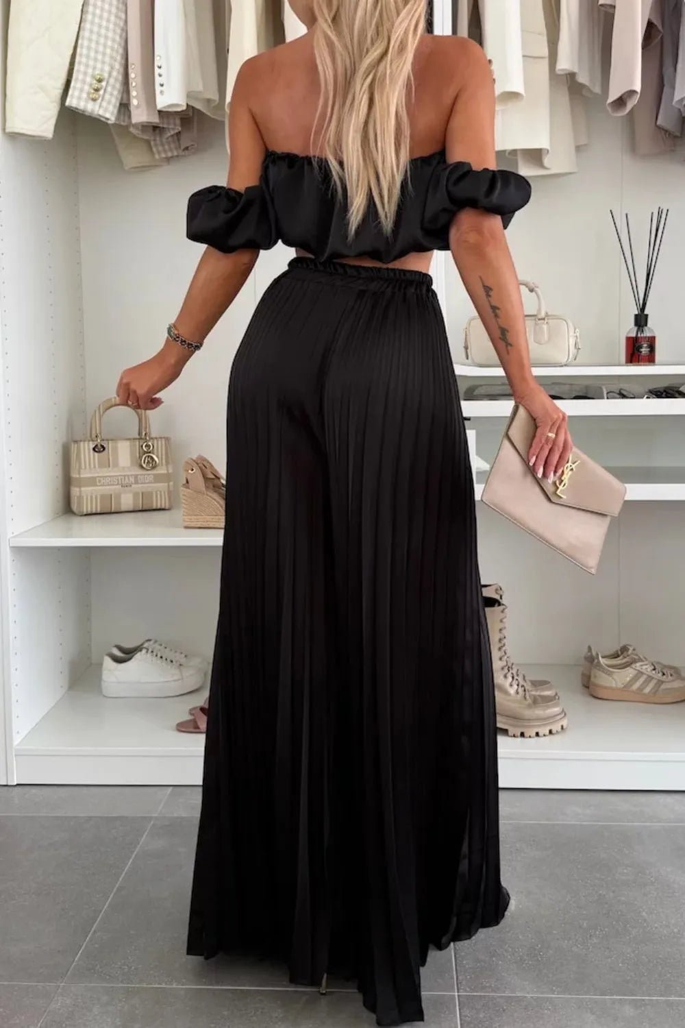 Off - Shoulder Top and Pleated Pants Set - Eco4life Clothing and Accessories