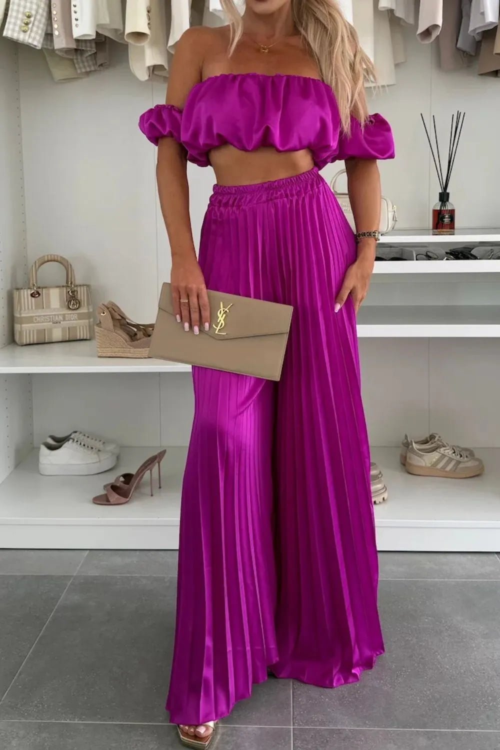 Off - Shoulder Top and Pleated Pants Set - Eco4life Clothing and Accessories