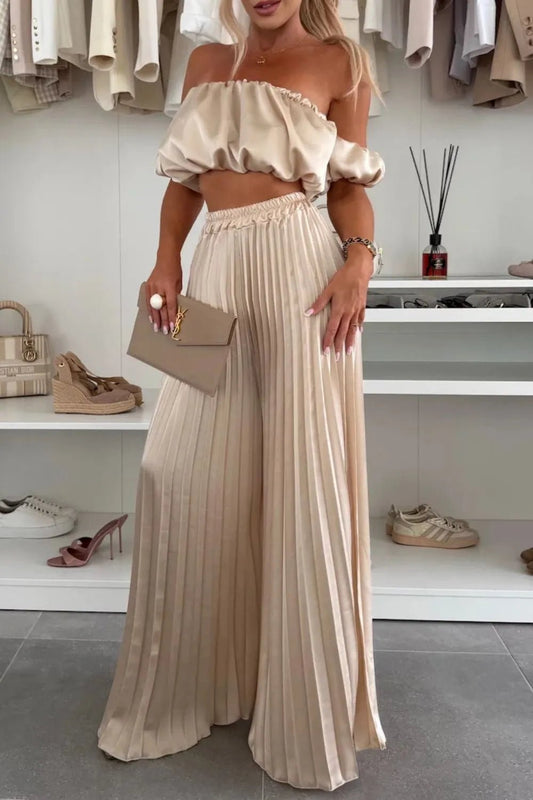 Off - Shoulder Top and Pleated Pants Set - Eco4life Clothing and Accessories