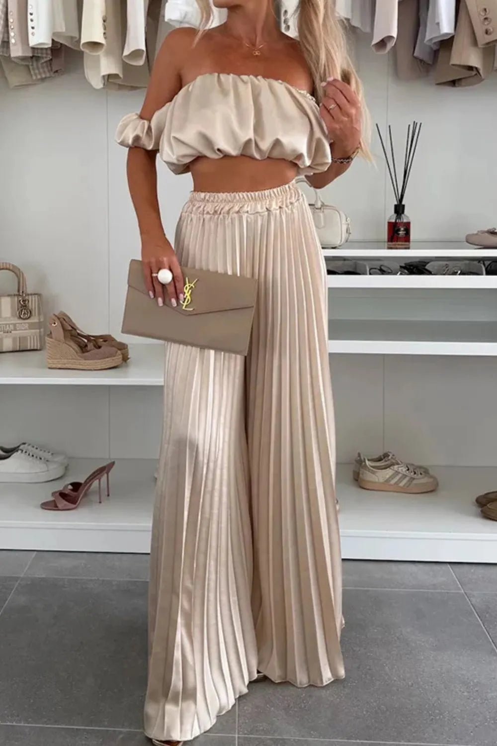 Off - Shoulder Top and Pleated Pants Set - Eco4life Clothing and Accessories