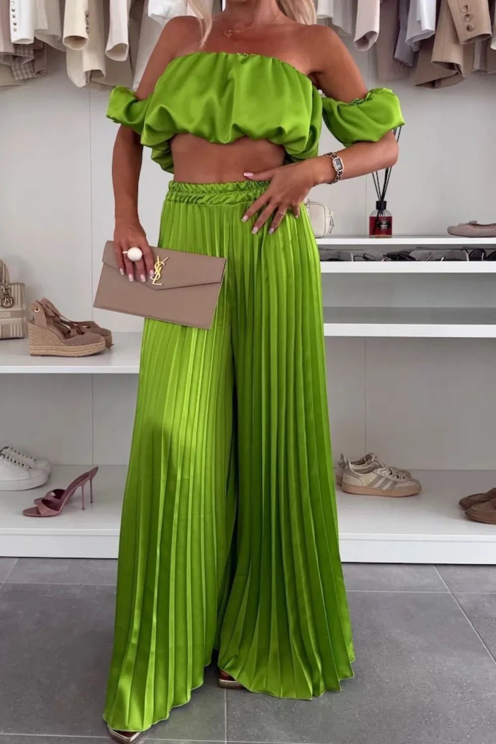 Off - Shoulder Top and Pleated Pants Set - Eco4life Clothing and Accessories