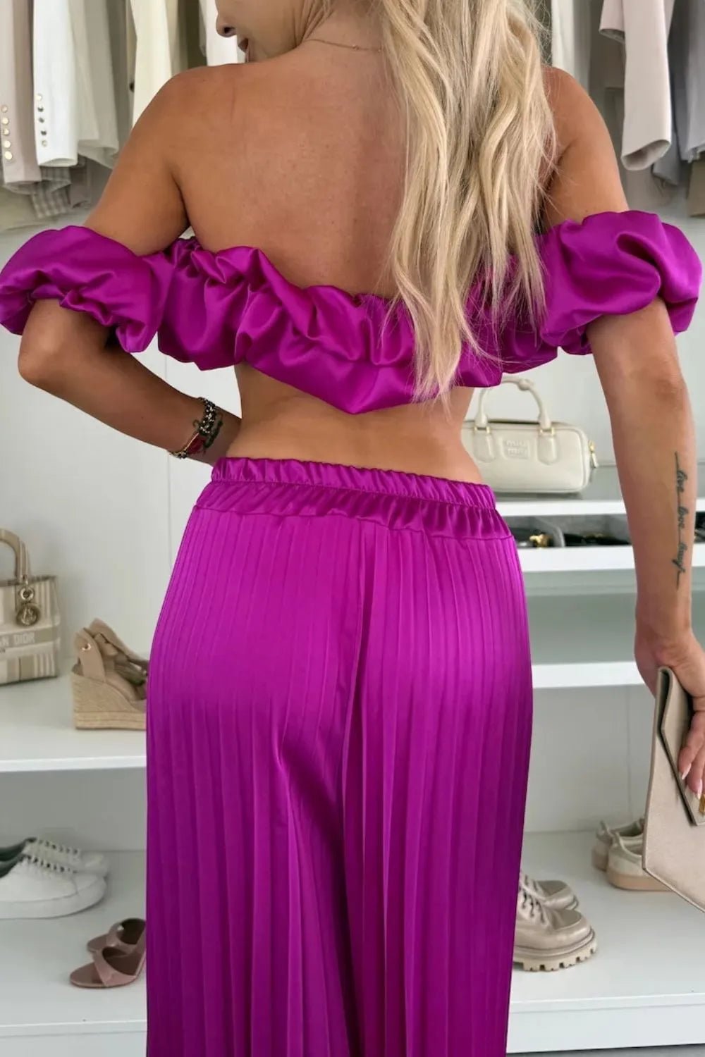 Off - Shoulder Top and Pleated Pants Set - Eco4life Clothing and Accessories