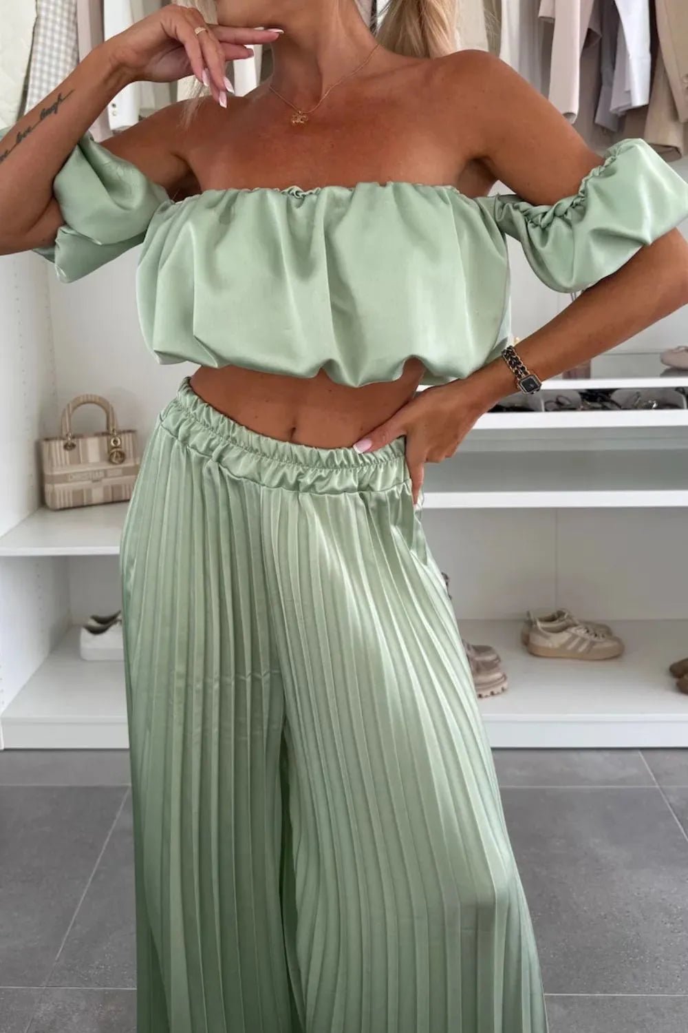 Off - Shoulder Top and Pleated Pants Set - Eco4life Clothing and Accessories