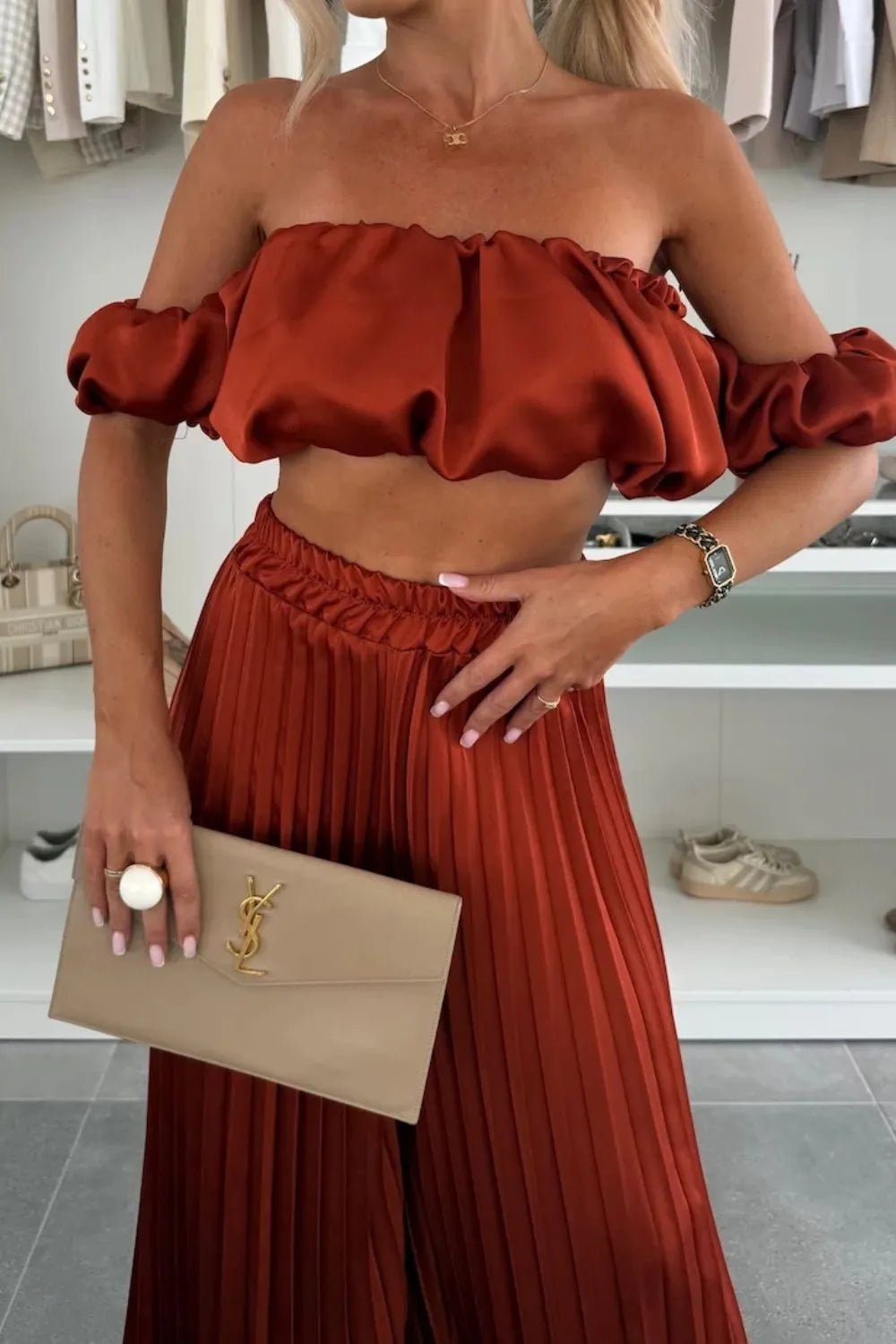 Off - Shoulder Top and Pleated Pants Set - Eco4life Clothing and Accessories