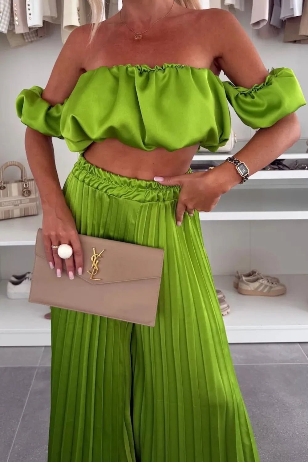 Off - Shoulder Top and Pleated Pants Set - Eco4life Clothing and Accessories