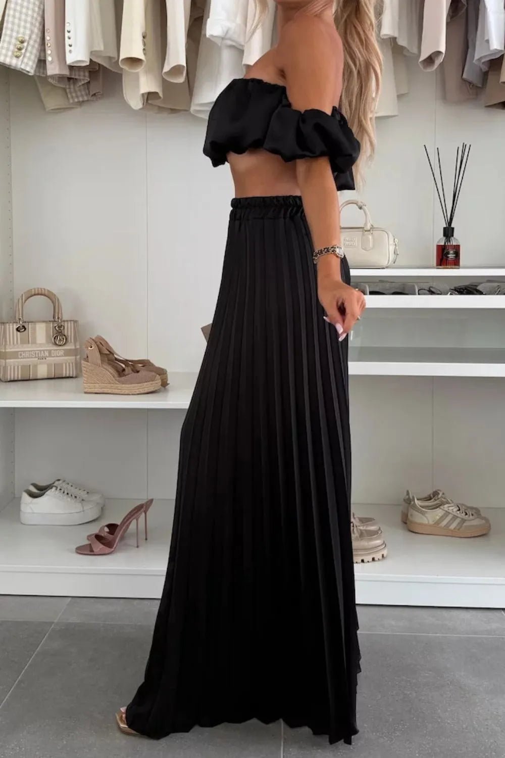 Off - Shoulder Top and Pleated Pants Set - Eco4life Clothing and Accessories