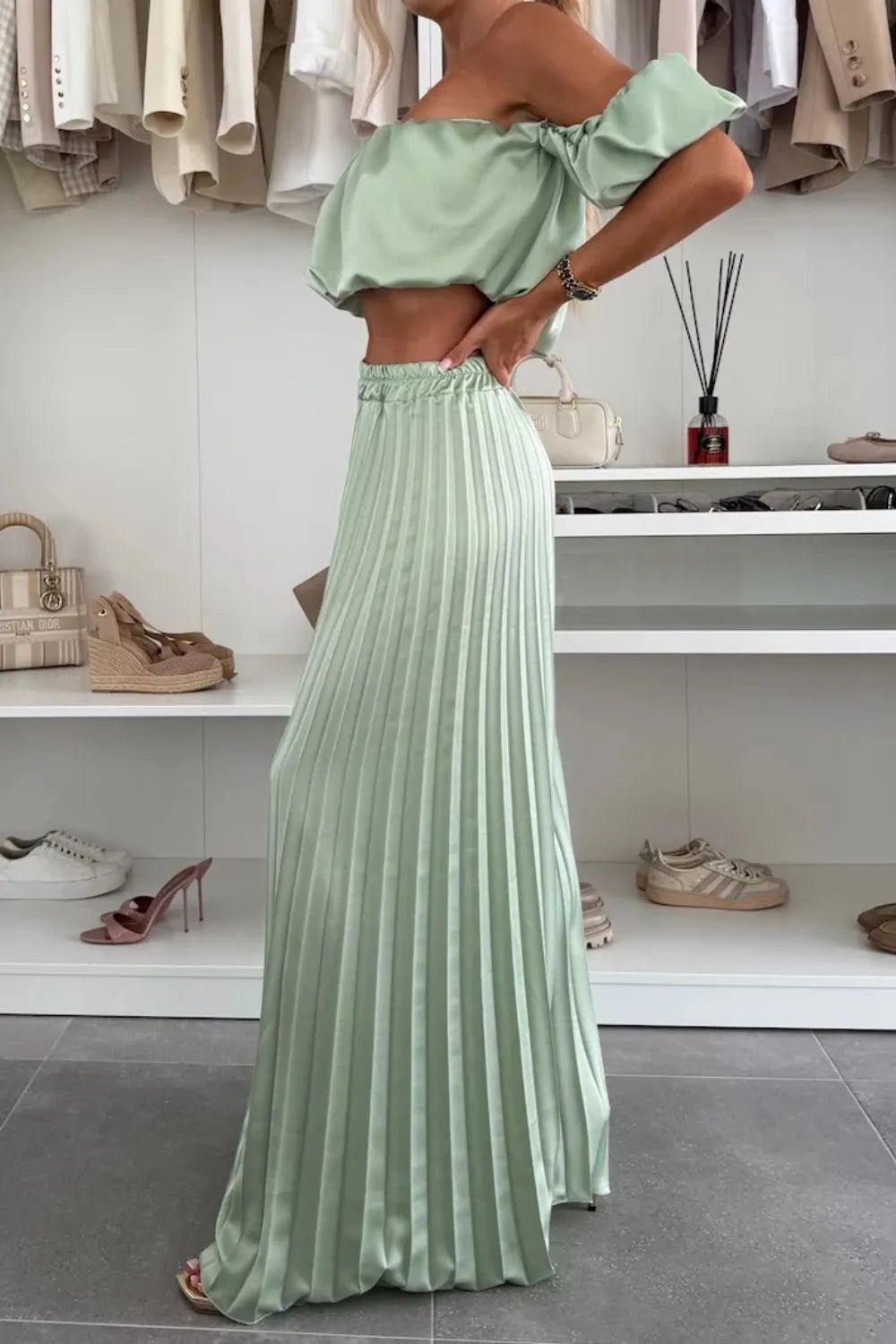 Off - Shoulder Top and Pleated Pants Set - Eco4life Clothing and Accessories